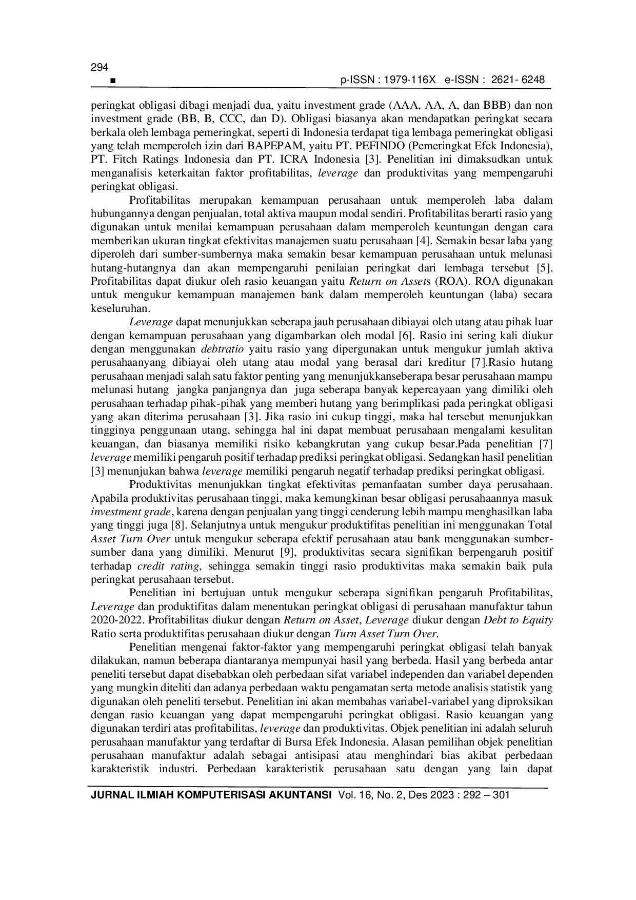 JURIS Pengaruh Profitabilitas Leverage Dan Produktivitas Terhadap Peringkat Obligasi Pada Perusahaan Manufaktur Yang Terdaftar Di Bei Periode Tahun 2020 2022