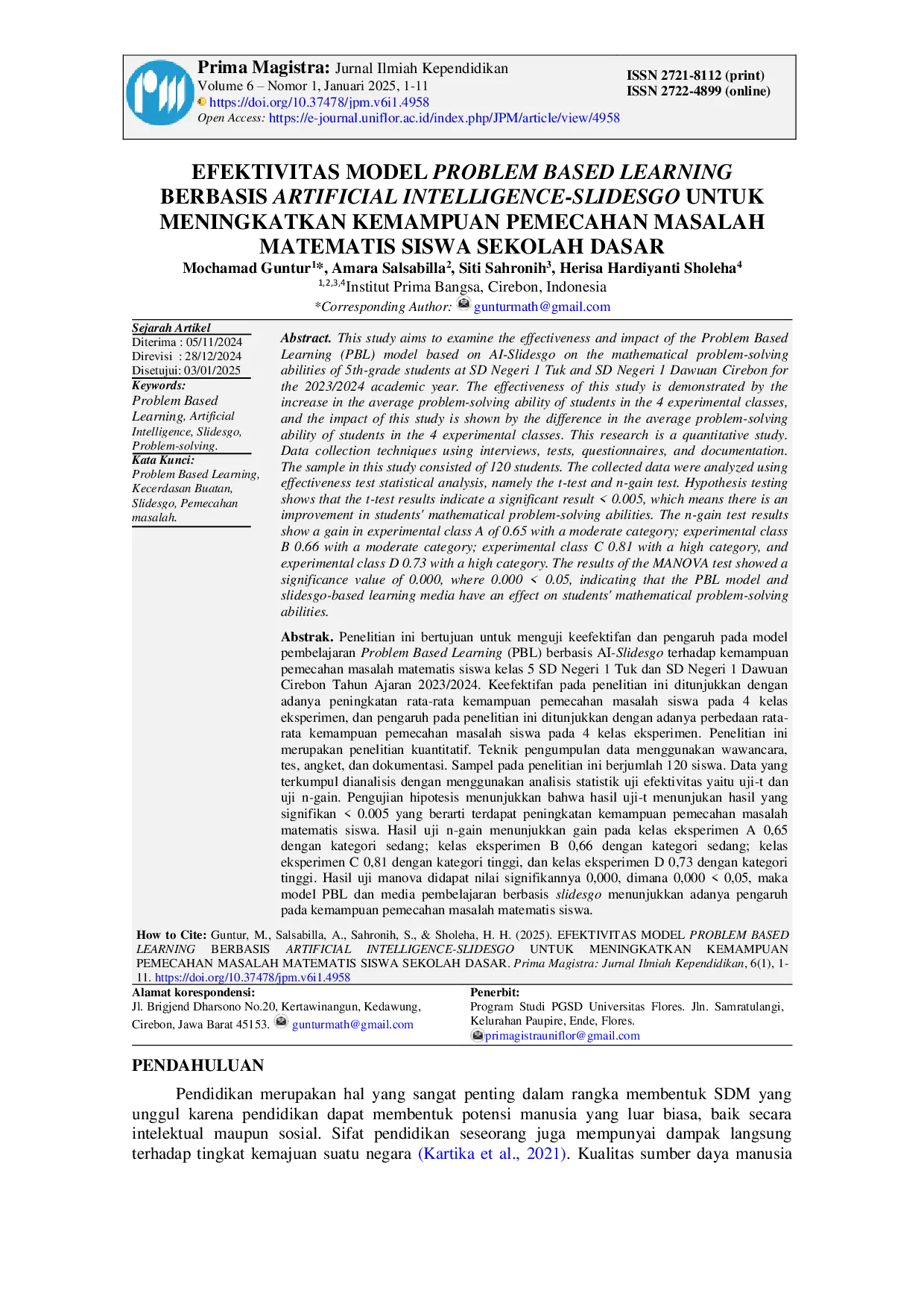 JURIS Efektivitas Model Problem Based Learning Berbasis Artificial IntelligenceAcSlidesgo untuk Meningkatkan Kemampuan Pemecahan Masalah Matematis Siswa Sekolah Dasar