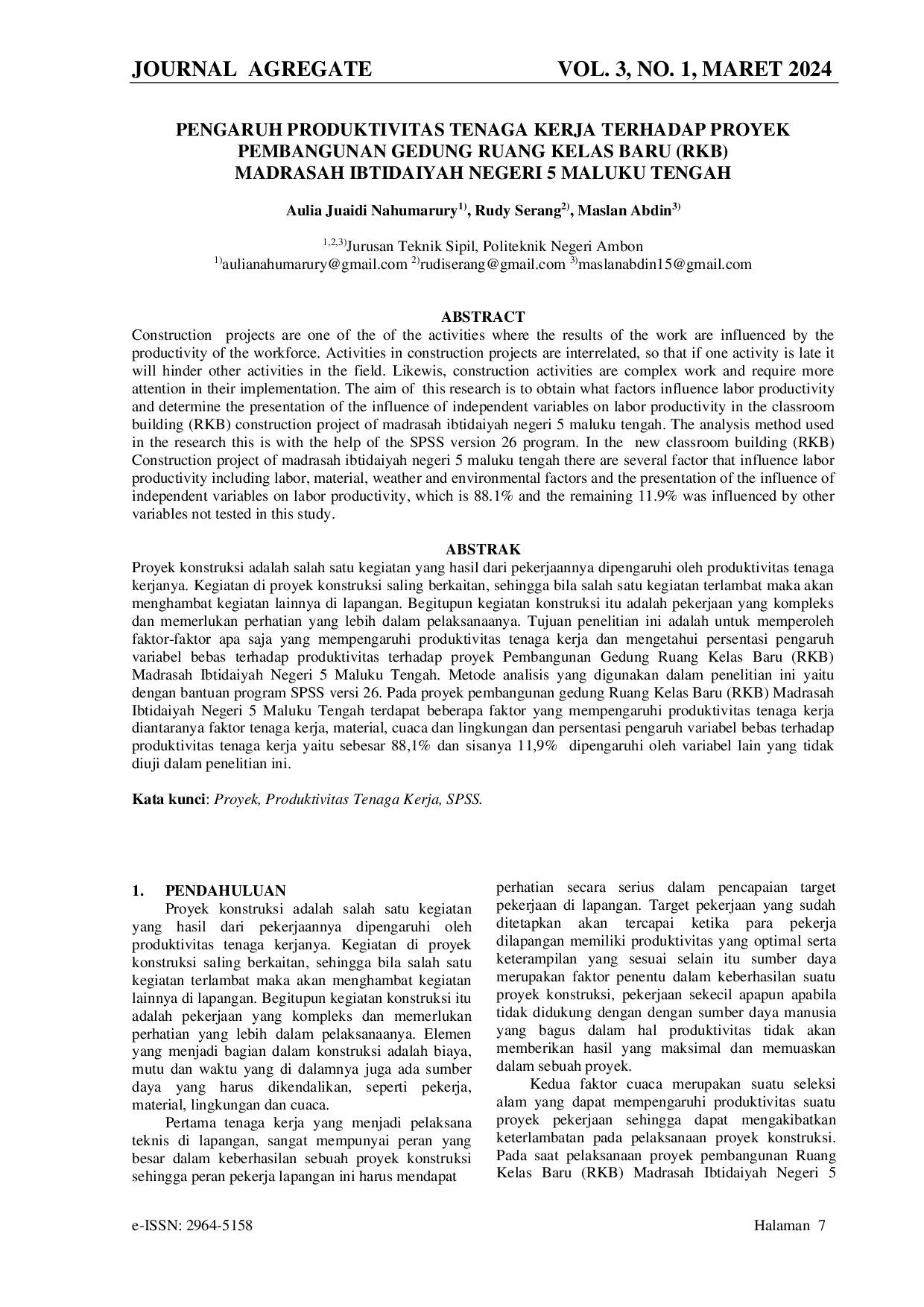 JURIS Pengaruh Produktivitas Tenaga Kerja Terhadap Proyek Pembangunan Gedung Ruang Kelas Baru RKB Madrasah Ibtidaiyah Negeri 5 Maluku Tengah