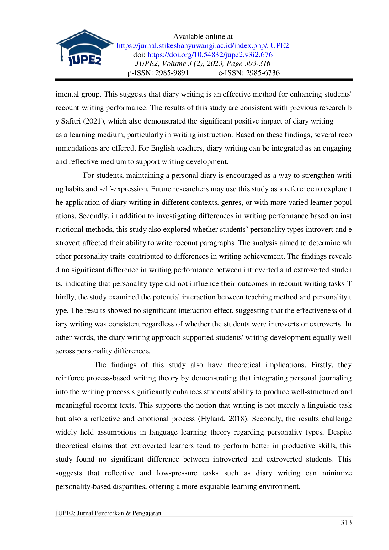 JURIS Does Personality Matter Exploring the Role of Diary Writing in Enhancing EFL Students Recount Writing Performance