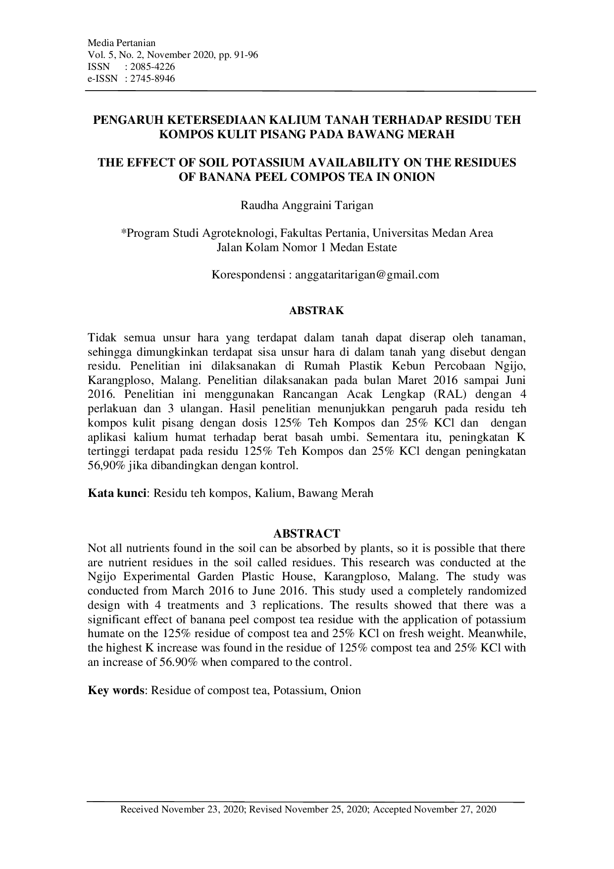 JURIS Pengaruh Ketersediaan Kalium Tanah Terhadap Residu Teh Kompos Kulit Pisang Pada Bawang Merah