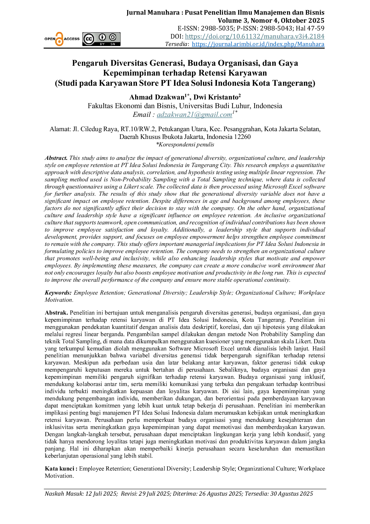 JURIS Pengaruh Diversitas Generasi Budaya Organisasi dan Gaya Kepemimpinan terhadap Retensi Karyawan Studi Pada Karyawan Store PT Idea Solusi Indonesia Kota Tangerang