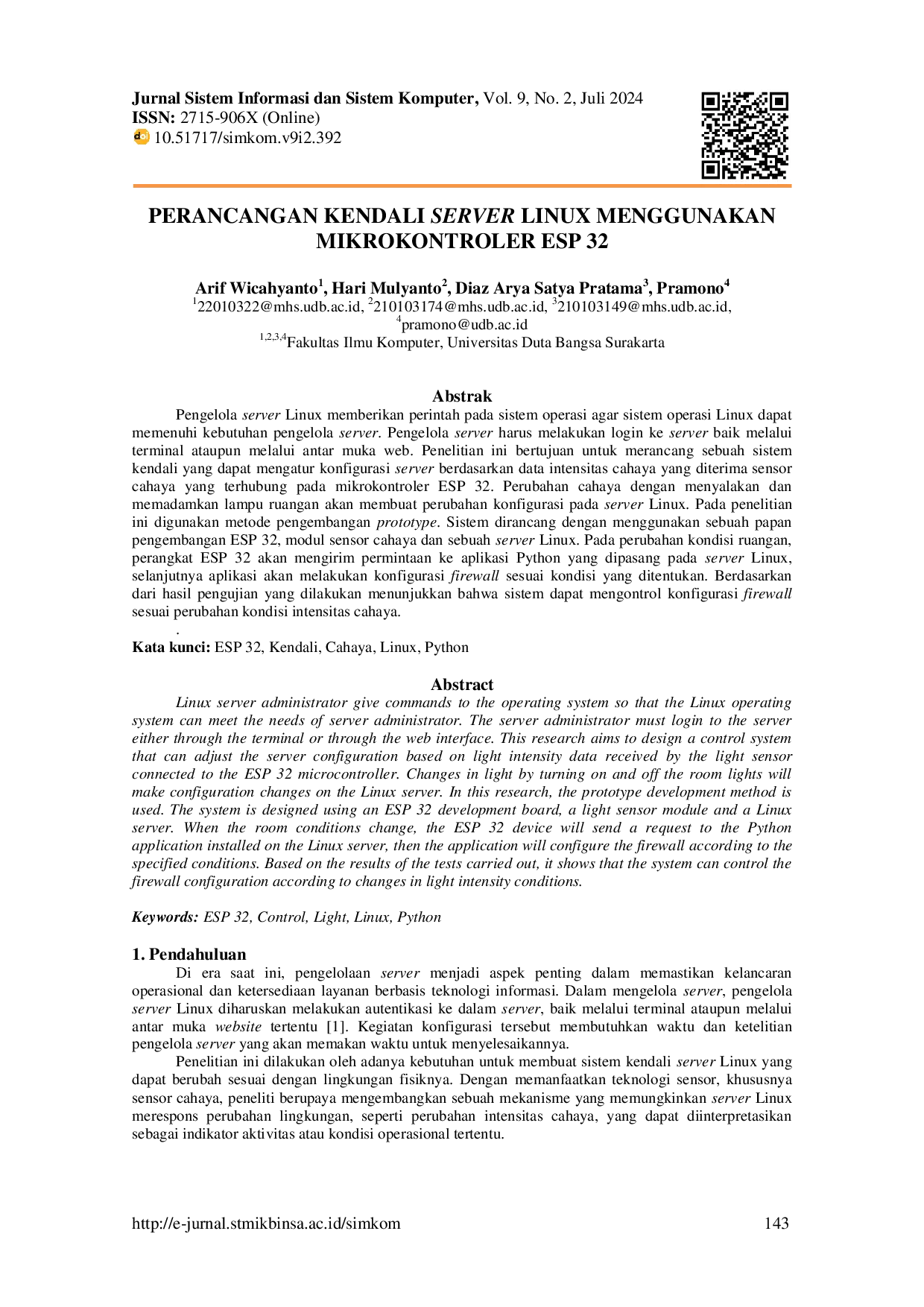 JURIS Perancangan Kendali Server Linux Menggunakan Mikrokontroler ESP 32