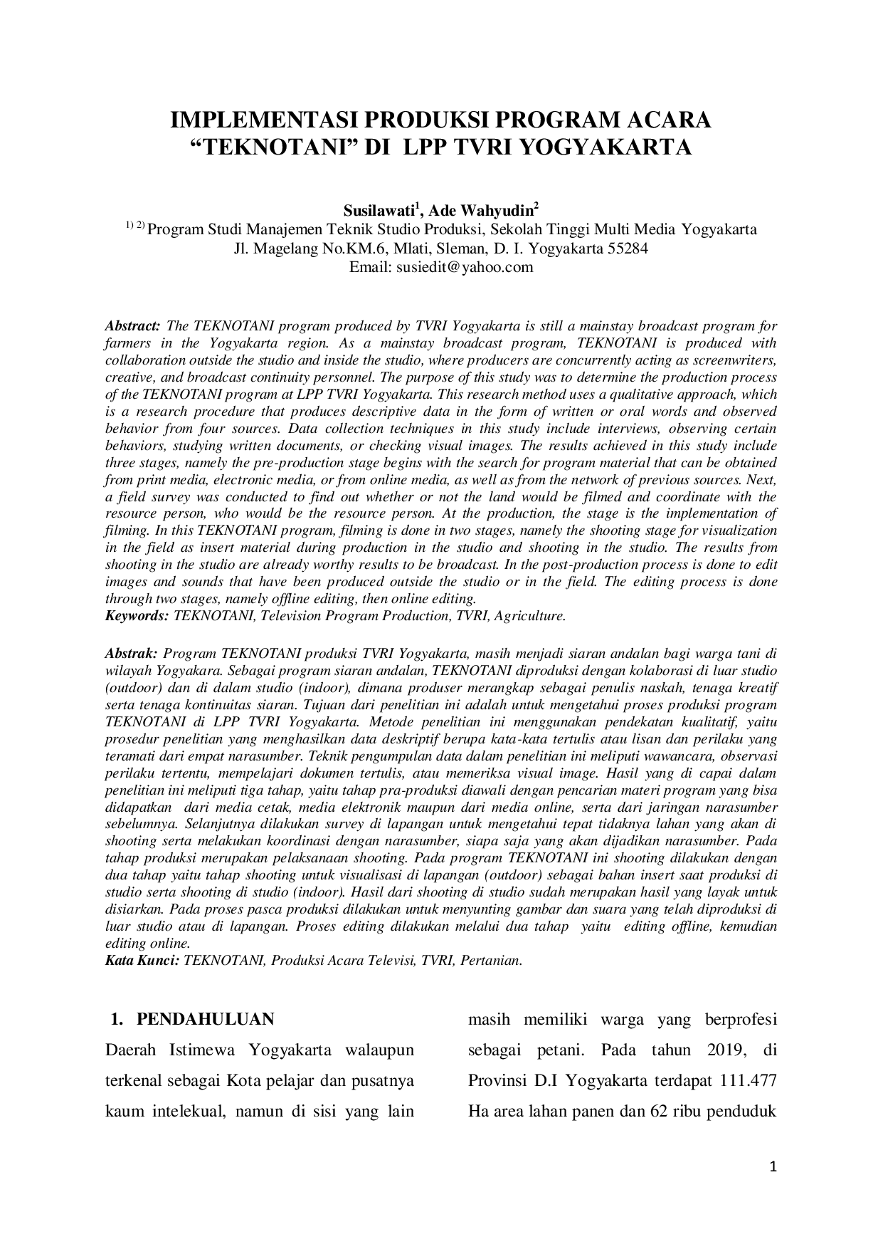 JURIS Implementasi Produksi Program Acara Teknotani di LPP TVRI Yogyakarta