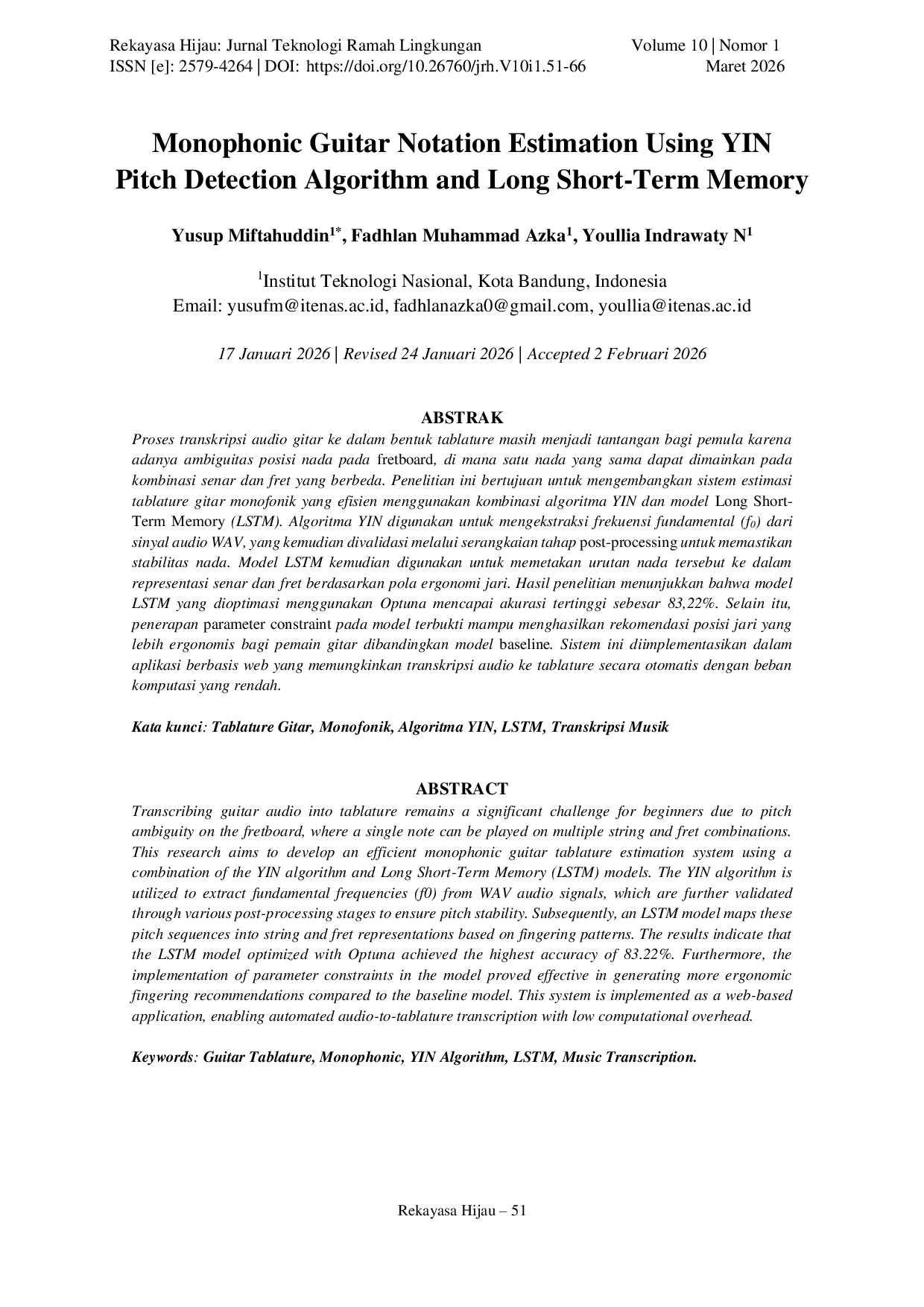 JURIS Monophonic Guitar Notation Estimation Using YIN Pitch Detection Algorithm and Long Short Term Memory