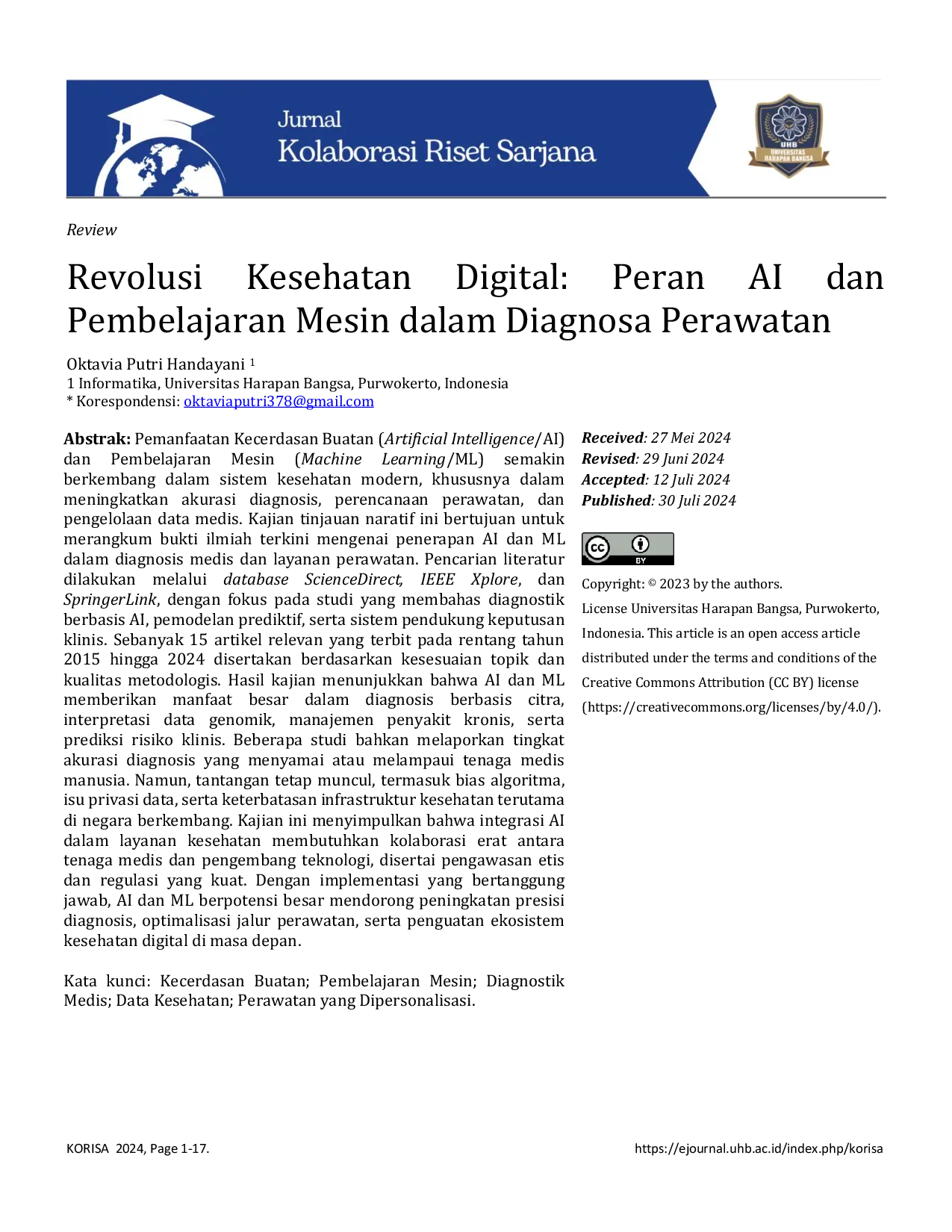 JURIS Revolusi Kesehatan Digital Peran AI dan Pembelajaran Mesin dalam Diagnosa Perawatan