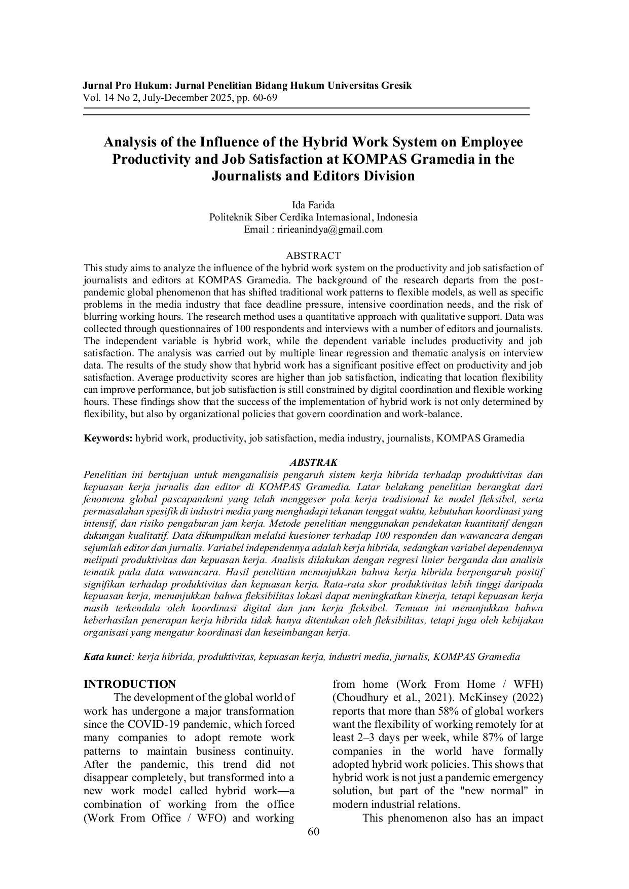 JURIS Analysis of the Influence of the Hybrid Work System on Employee Productivity and Job Satisfaction at KOMPAS Gramedia in the Journalists and Editors Division