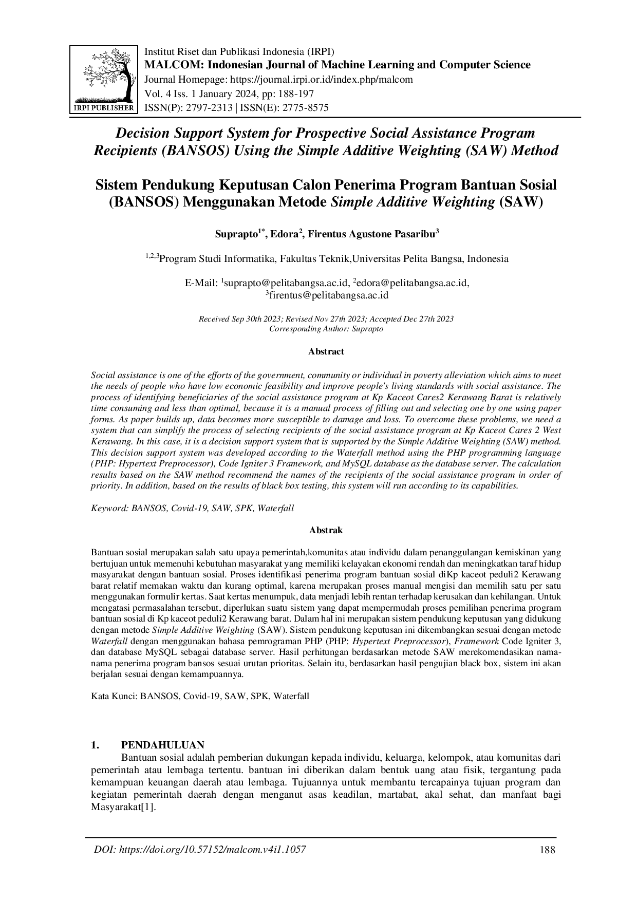 juris Sistem Pendukung Keputusan Calon Penerima Program Bantuan Sosial BANSOS Menggunakan Metode Simple Additive Weighting SAW