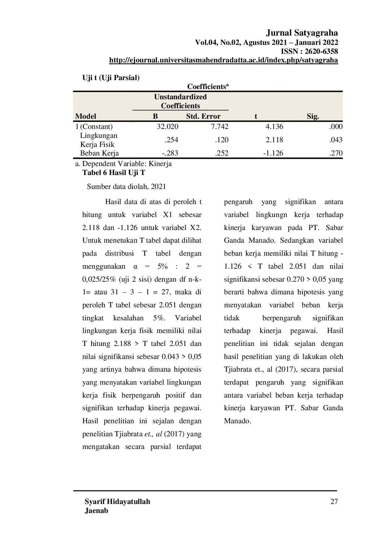 JURIS Pengaruh Lingkungan Kerja Fisik Dan Beban Kerja Terhadap Kinerja Pegawai Pada Kantor Satuan Pelayanan Tta Dara Kota Bima