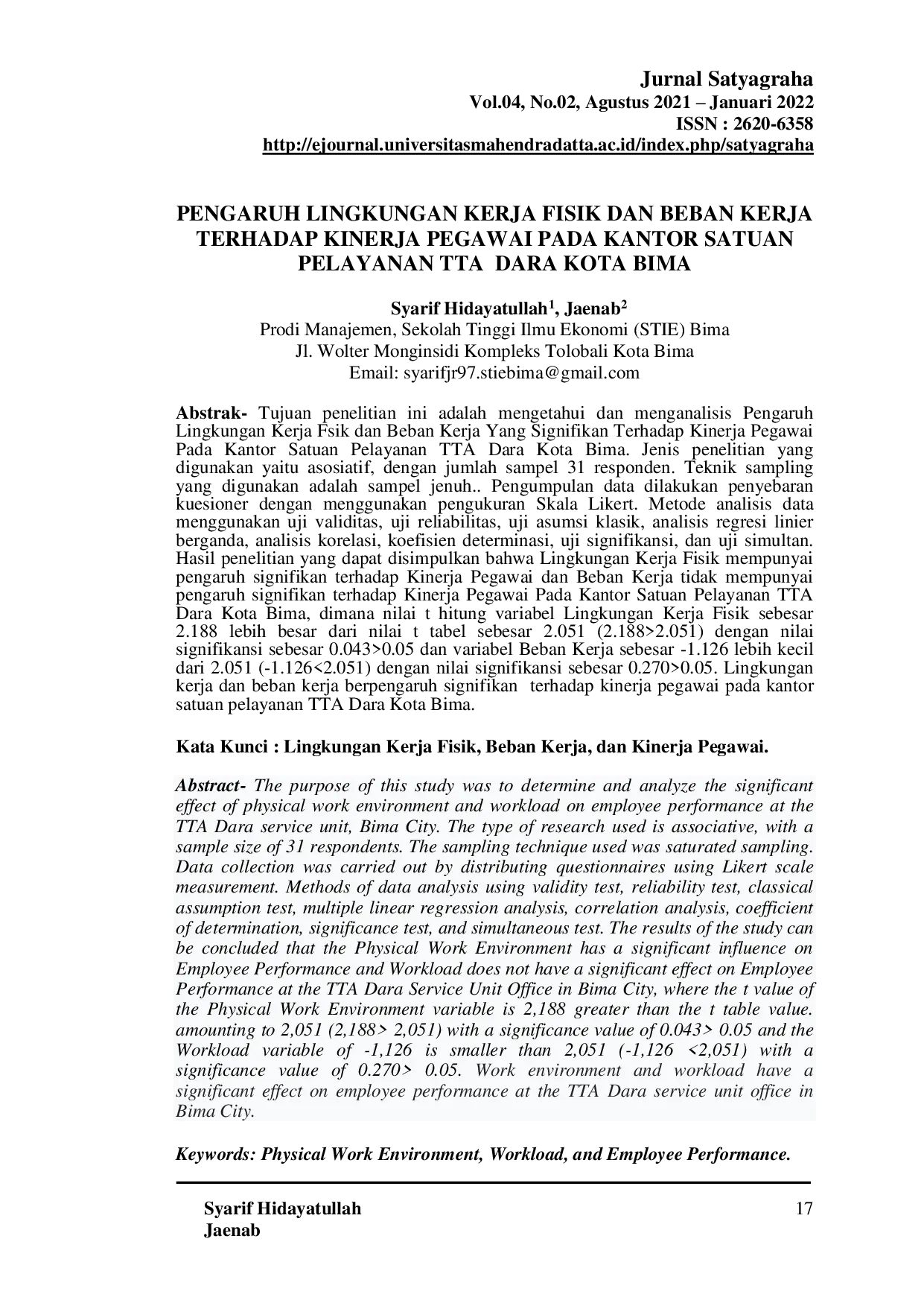 JURIS Pengaruh Lingkungan Kerja Fisik Dan Beban Kerja Terhadap Kinerja Pegawai Pada Kantor Satuan Pelayanan Tta Dara Kota Bima