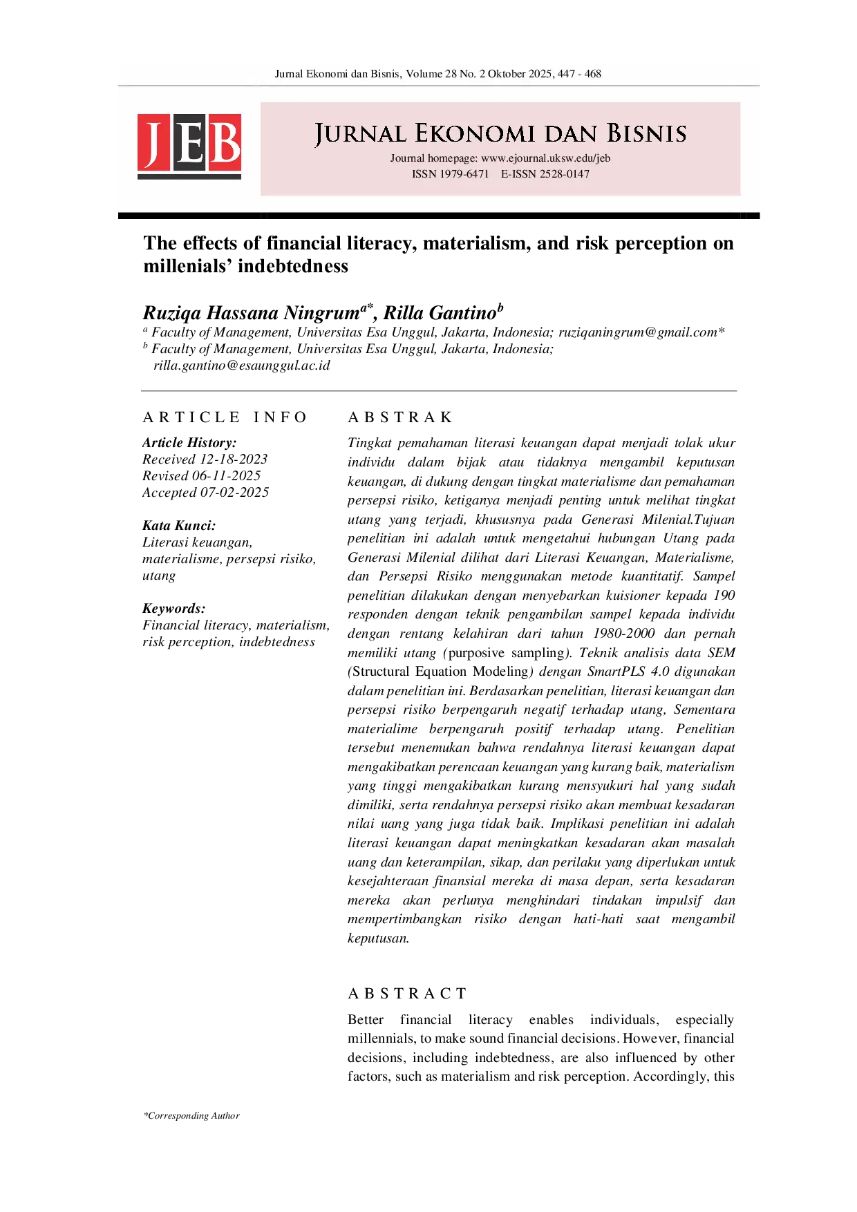 JURIS The effects of financial literacy materialism and risk perception on millenials indebtedness