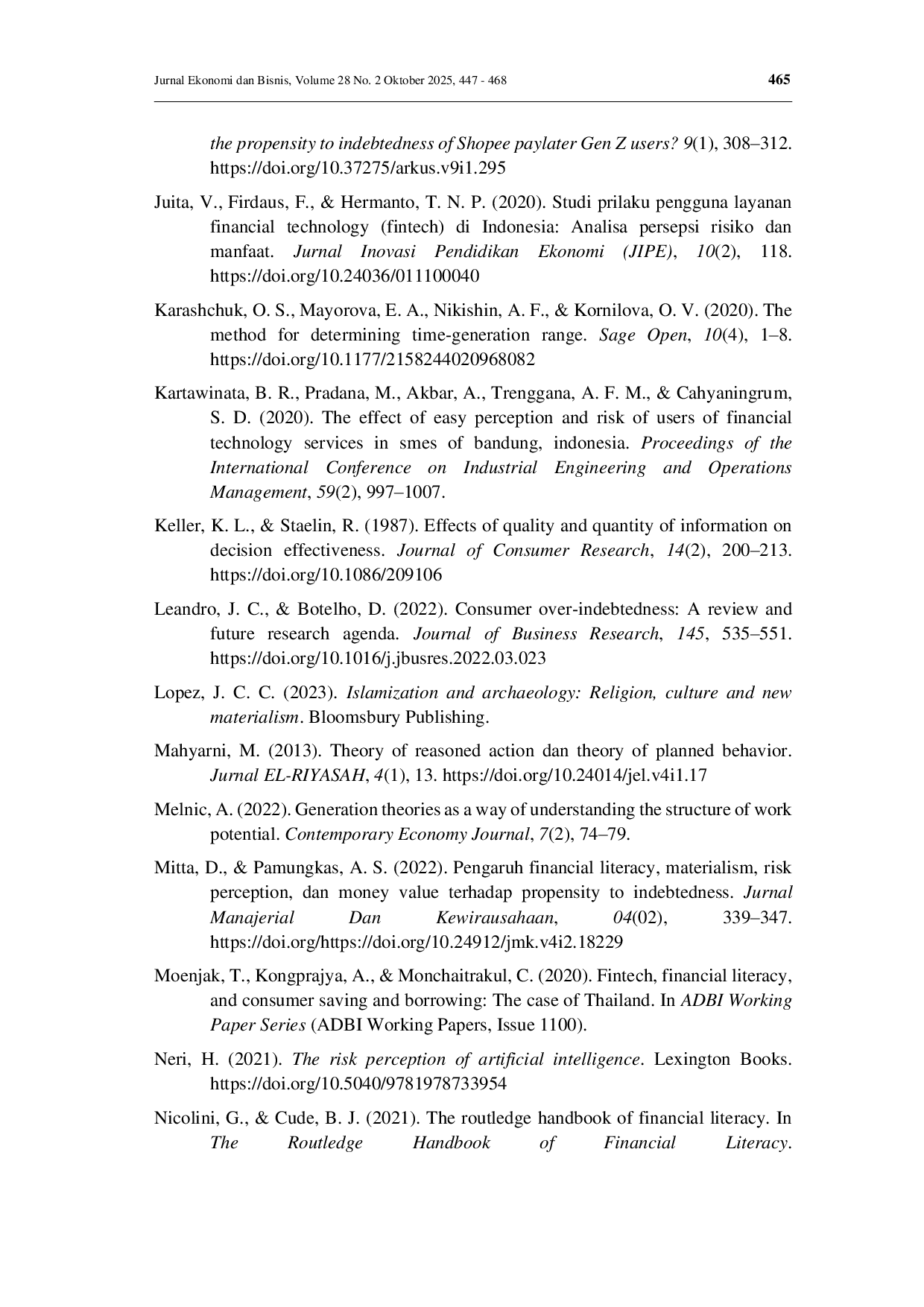 JURIS The effects of financial literacy materialism and risk perception on millenials indebtedness