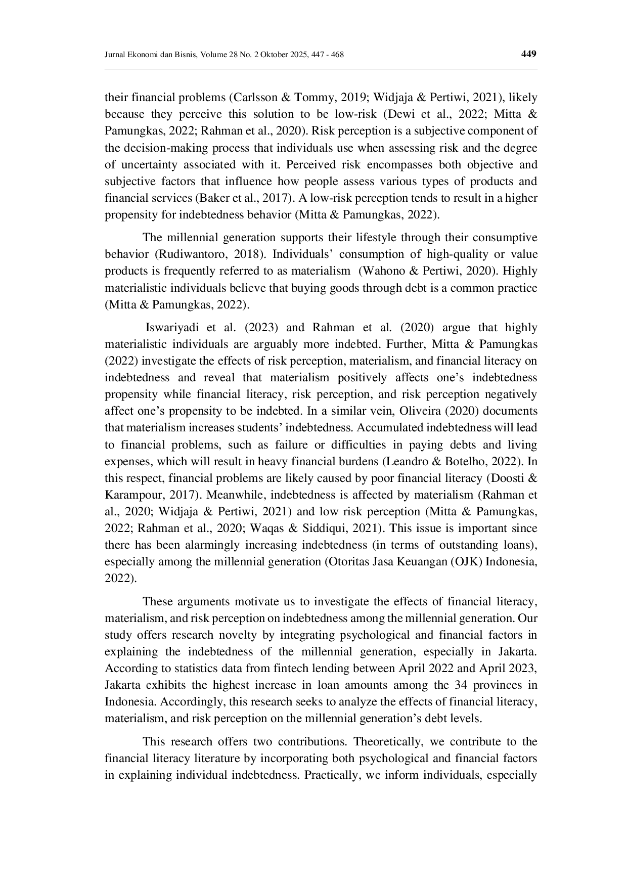 JURIS The effects of financial literacy materialism and risk perception on millenials indebtedness