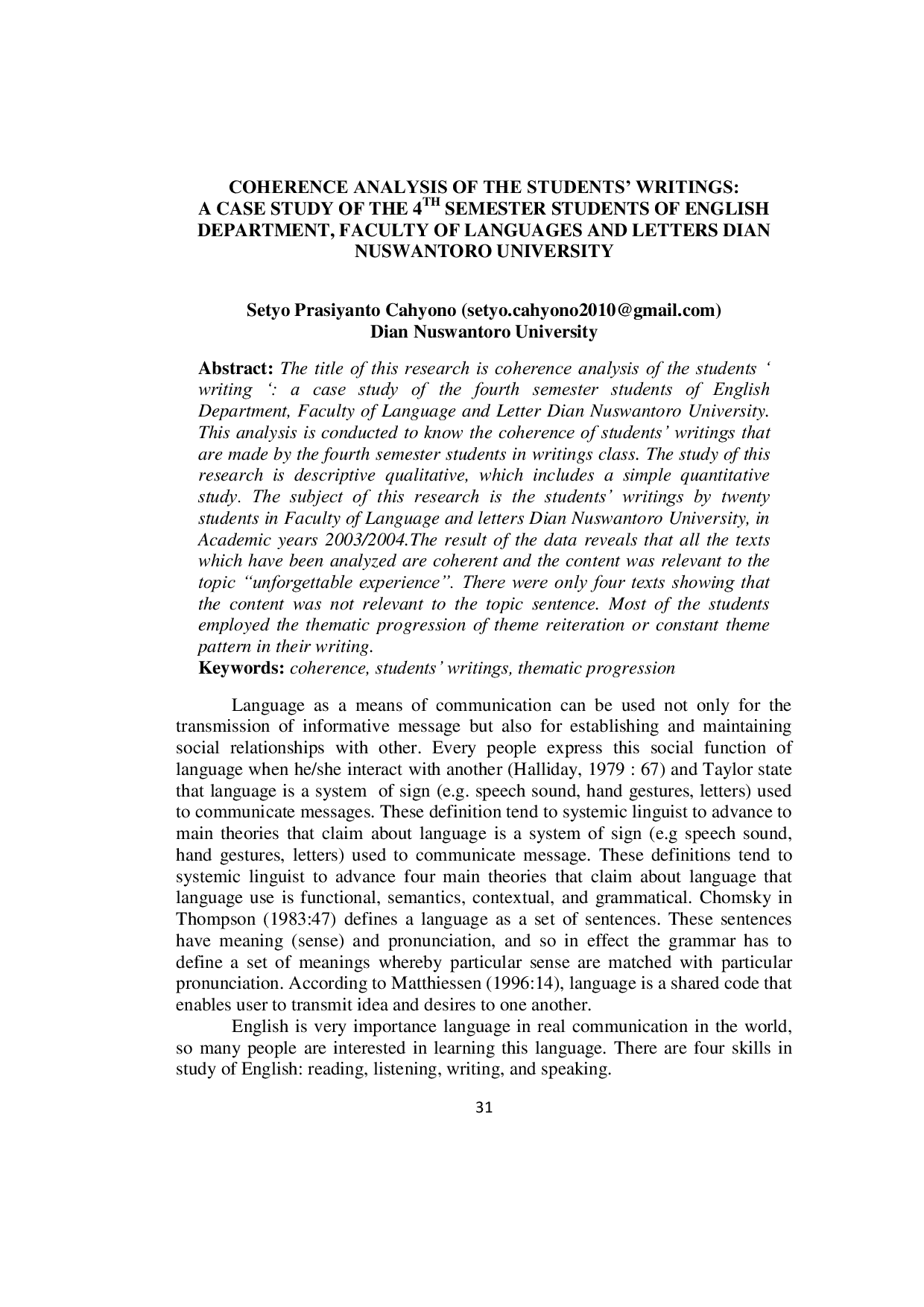 JURIS Coherence Analysis of the Students Writings A Case Study of the Fourth Semester Students of English Department Faculty of Languages and Letters Dian Nuswantoro University