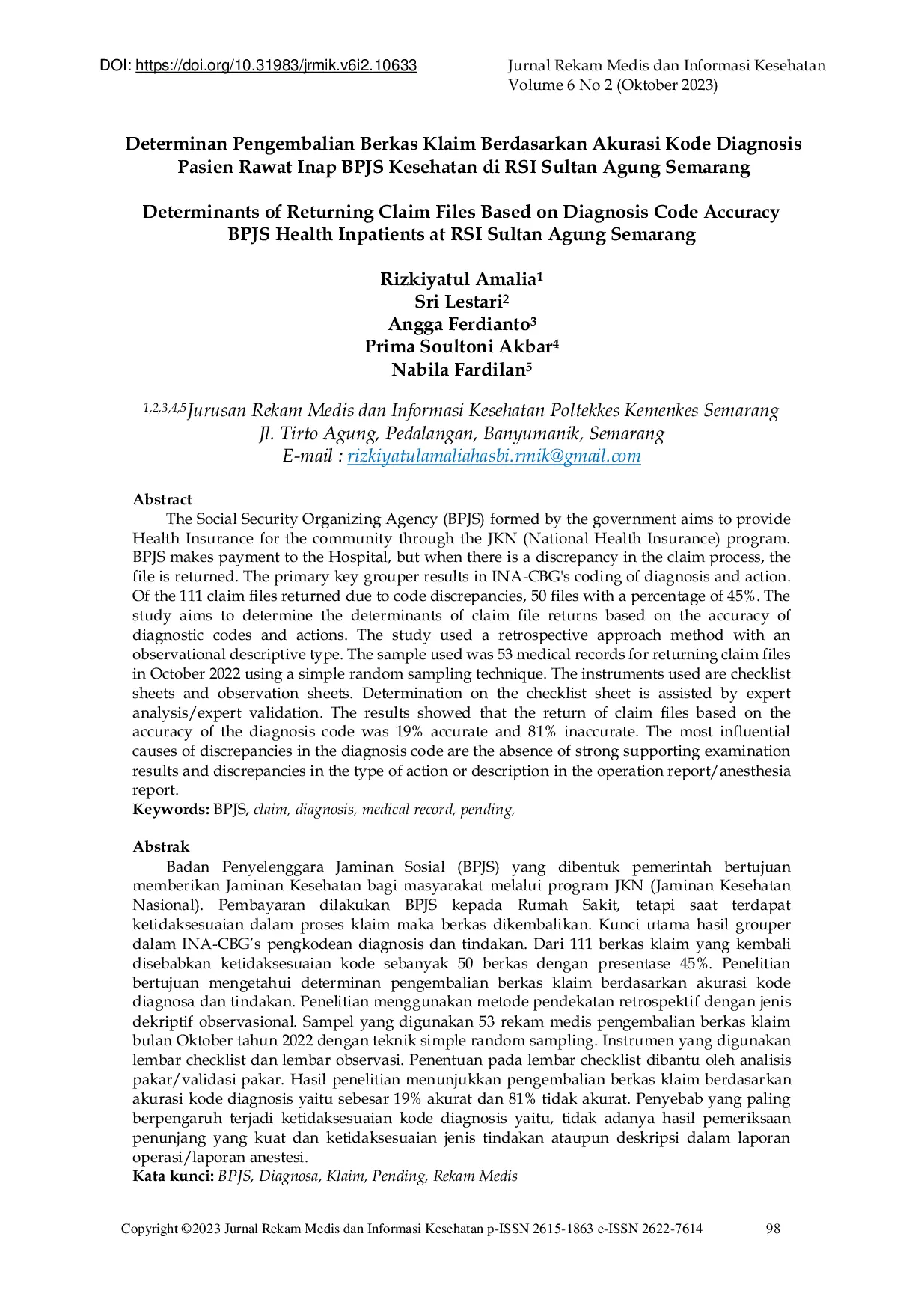 JURIS Determinan Pengembalian Berkas Klaim Berdasarkan Akurasi Kode Diagnosis Pasien Rawat Inap BPJS Kesehatan di RSI Sultan Agung Semarang
