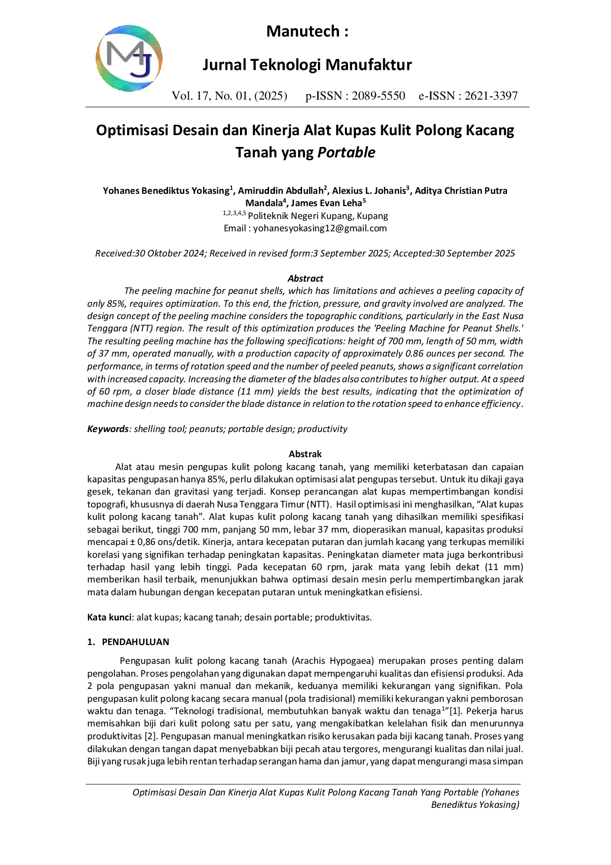 JURIS Optimisasi Desain Dan Kinerja Alat Kupas Kulit Polong Kacang Tanah Yang Portable