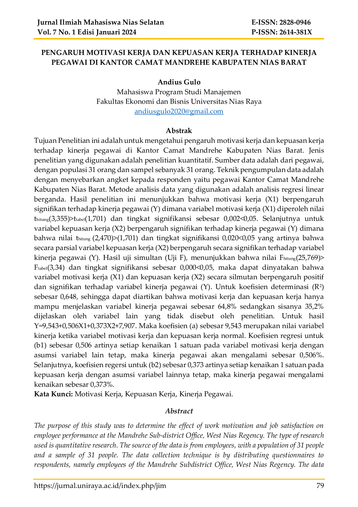 JURIS Pengaruh Motivasi Kerja dan Kepuasan Kerja terhadap Kinerja Pegawai di Kantor Camat Mandrehe Kabupaten Nias Barat