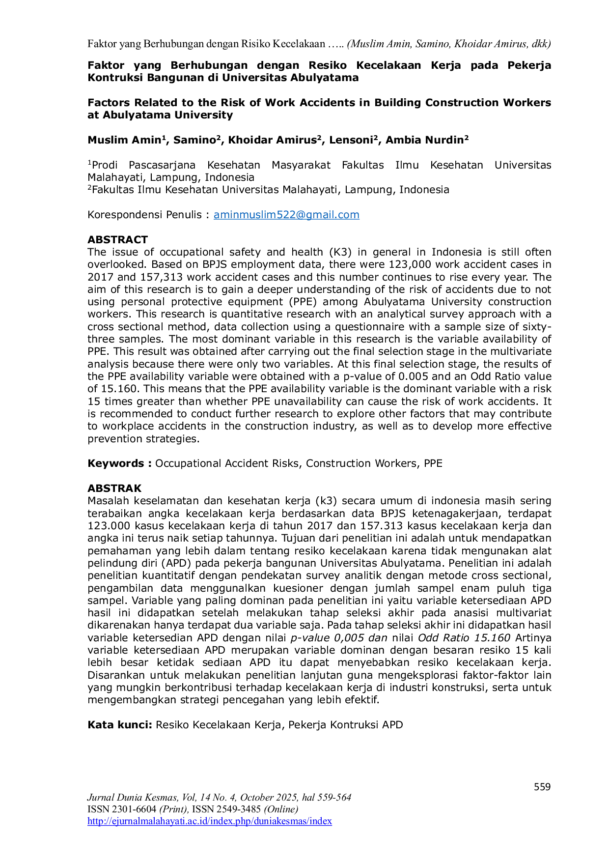 JURIS Faktor yang Berhubungan dengan Resiko Kecelakaan Kerja pada Pekerja Kontruksi Bangunan di Universitas Abulyatama