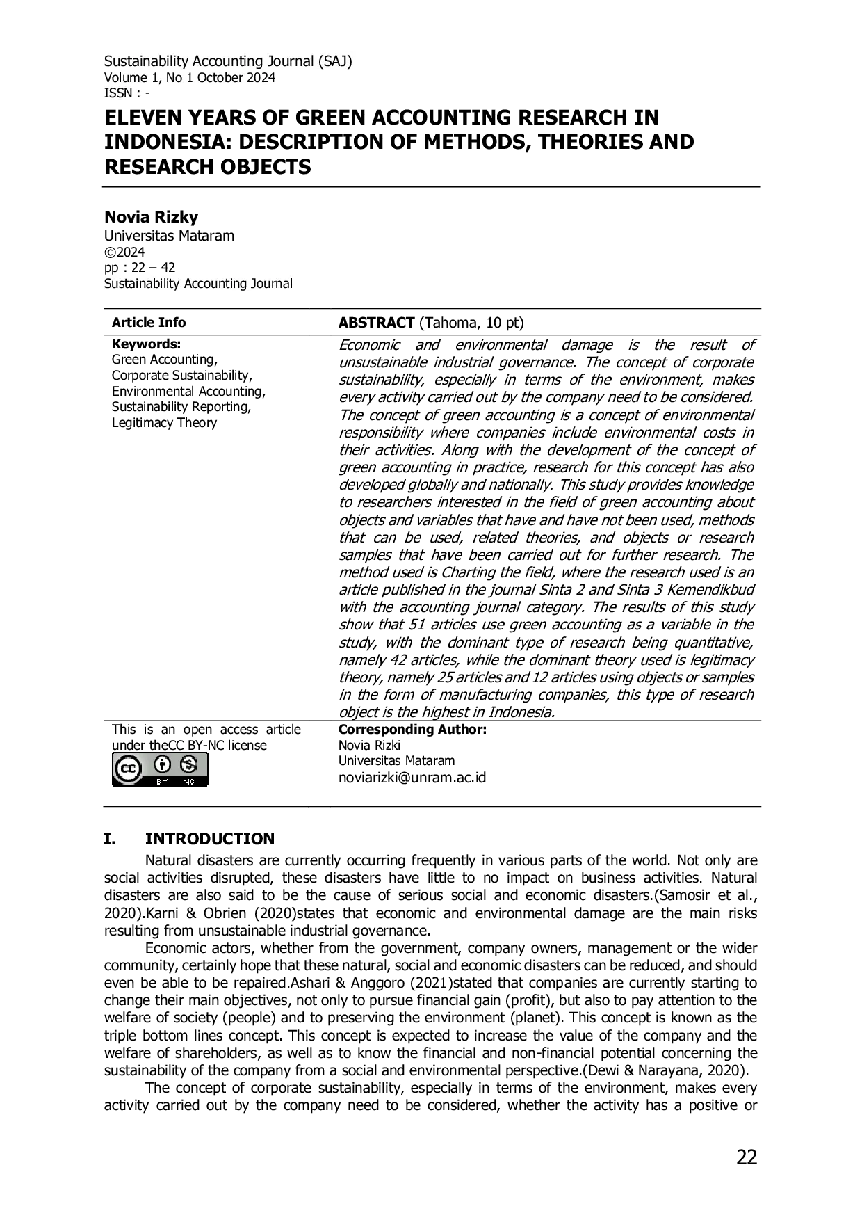 JURIS Eleven Years of Green Accounting Research in Indonesia Description of Methods Theories and Research Objects