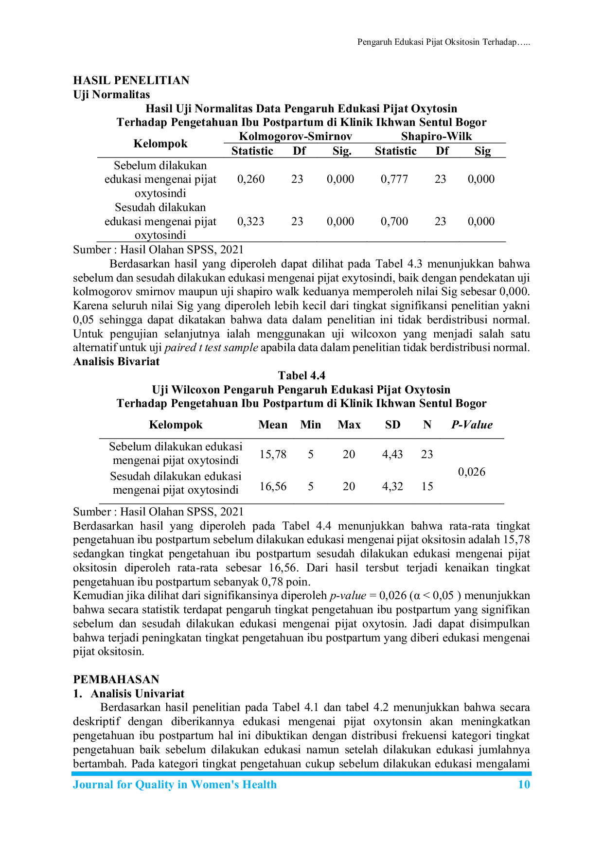 JURIS Pengaruh Edukasi Pijat Oksitosin Terhadap Pengetahuan Ibu Postpartum Di Klinik Ikhwan Sentul Kabupaten Bogor Tahun 2021