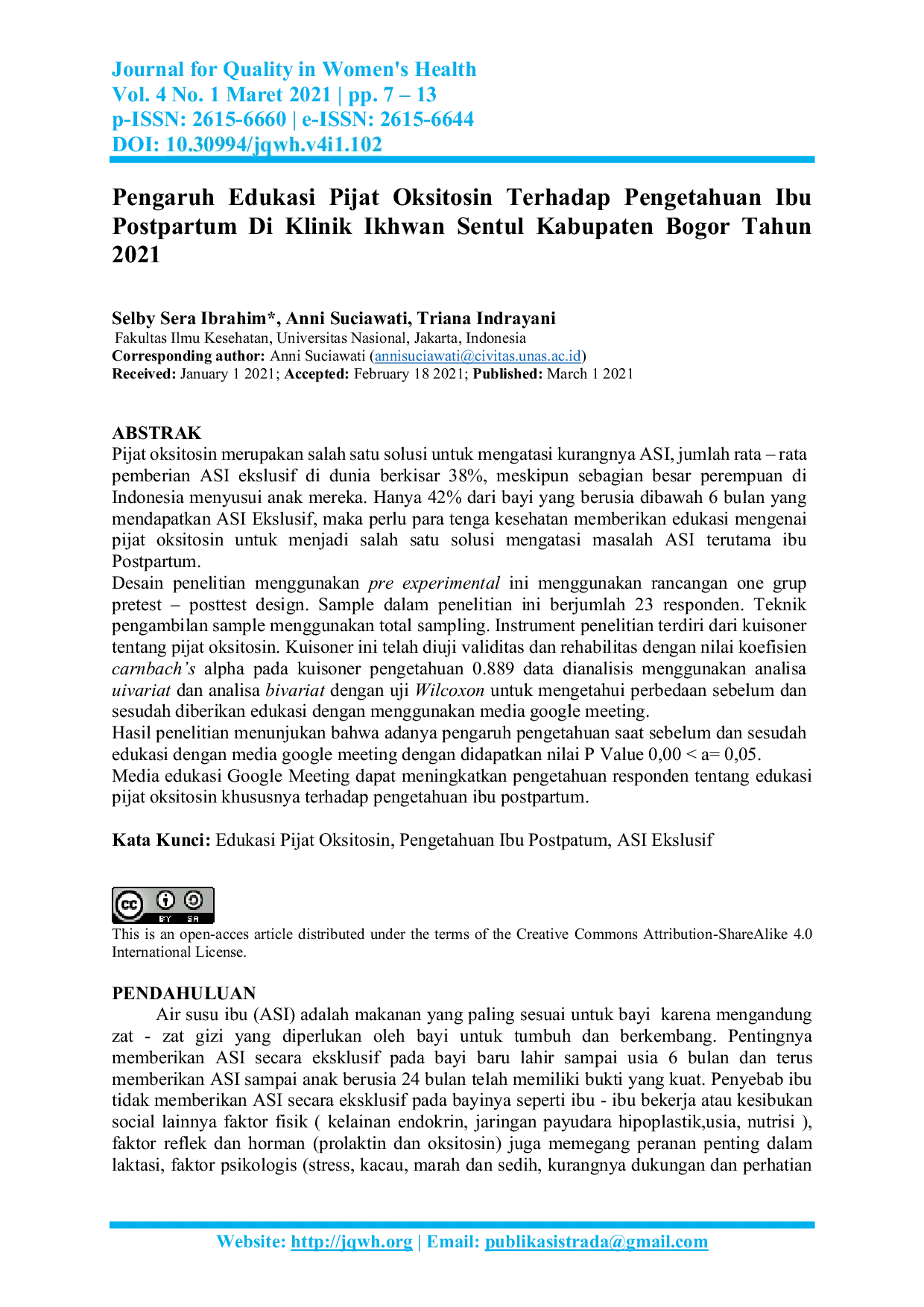 JURIS Pengaruh Edukasi Pijat Oksitosin Terhadap Pengetahuan Ibu Postpartum Di Klinik Ikhwan Sentul Kabupaten Bogor Tahun 2021