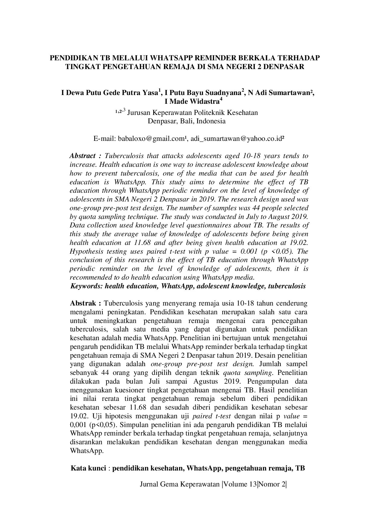 JURIS Pengaruh Pendidikan TB Melalui Whatsapp Reminder Berkala Terhadap Tingkat Pengetahuan Remaja di SMA Negeri 2 Denpasar