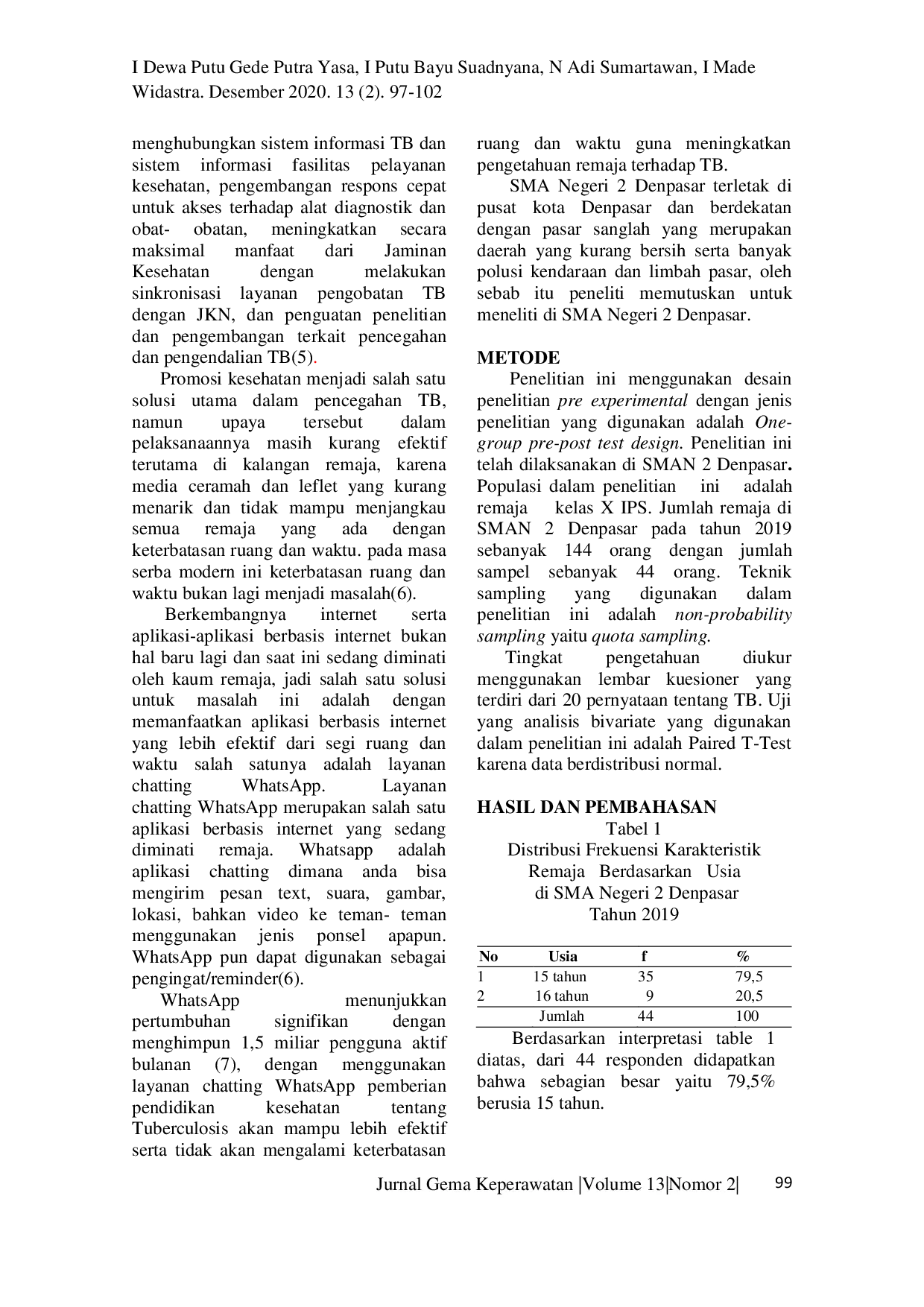 JURIS Pengaruh Pendidikan TB Melalui Whatsapp Reminder Berkala Terhadap Tingkat Pengetahuan Remaja di SMA Negeri 2 Denpasar