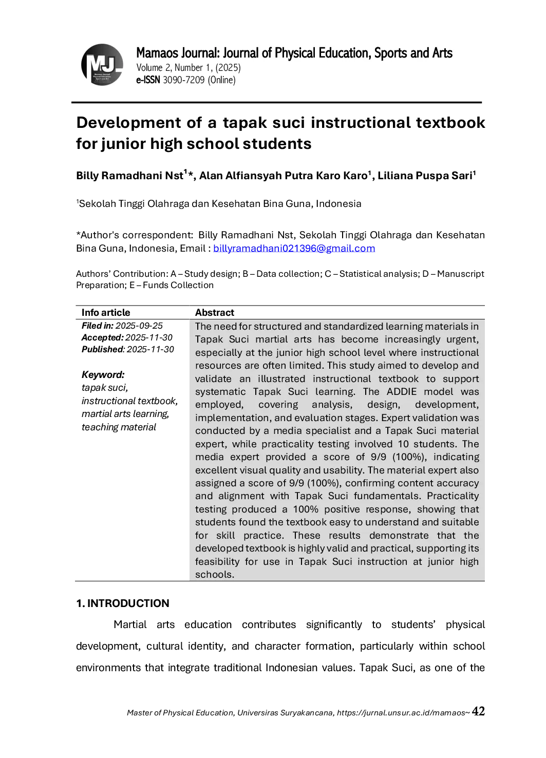 JURIS Development of a Tapak Suci Instructional Textbook for Junior High School Students