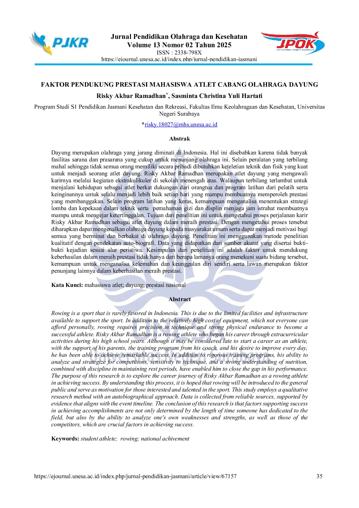 JURIS Faktor Pendukung Prestasi Mahasiswa Atlet Cabang Olahraga Dayung