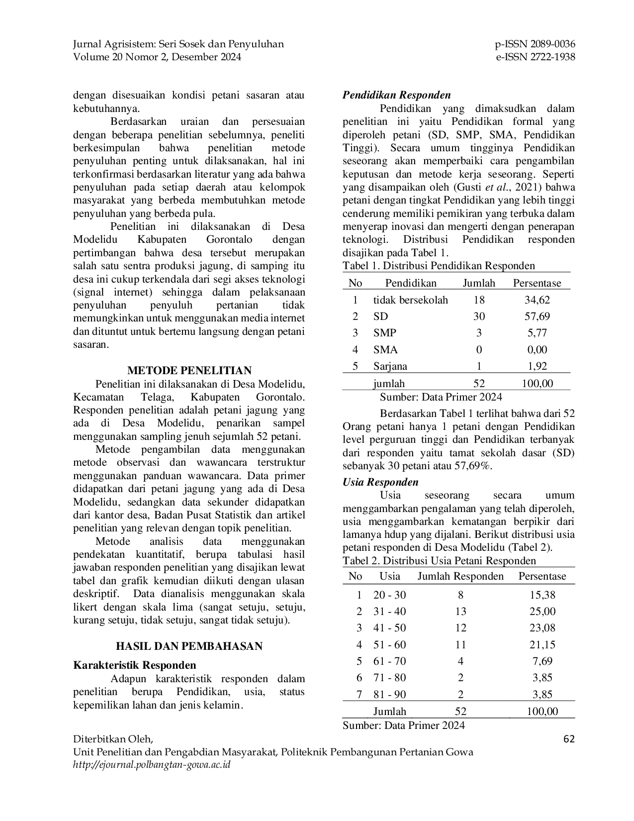 JURIS PERSEPSI PETANI JAGUNG TERHADAP EFEKTIVITAS METODE PENYULUHAN PERTANIAN DI DESA MODELIDU Corn Farmers Perceptions on the Effectiveness of Agricultural Extension Methods in Modelidu Village