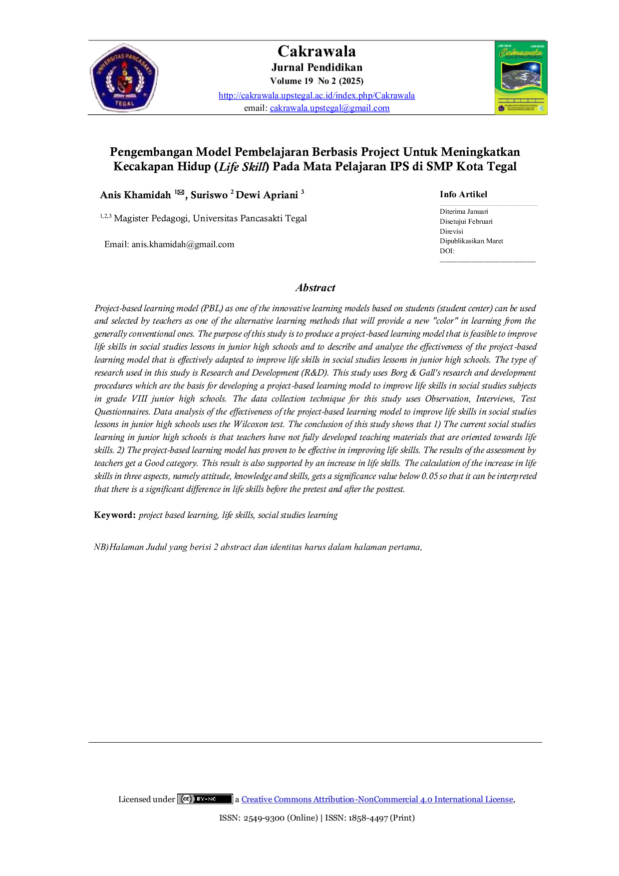 JURIS Pengembangan Model Pembelajaran Berbasis Project Untuk Meningkatkan Kecakapan Hidup Life Skill Pada Mata Pelajaran IPS di SMP Kota Tegal