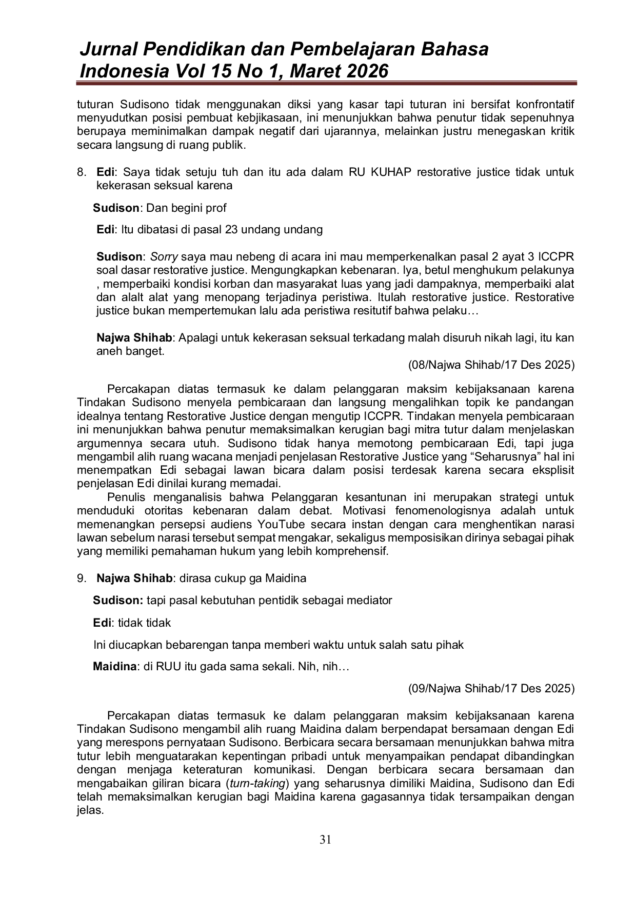 JURIS Pelanggaran Maksim Kesantunan Berbahasa Pada YouTube Najwa Shihab