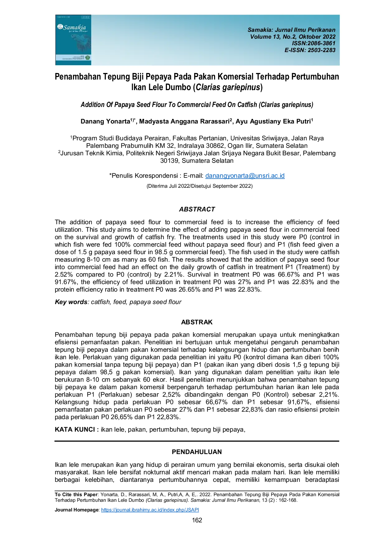 JURIS Penambahan Tepung Biji Pepaya Pada Pakan Komersial Terhadap Pertumbuhan Ikan Lele Dumbo Clarias gariepinus