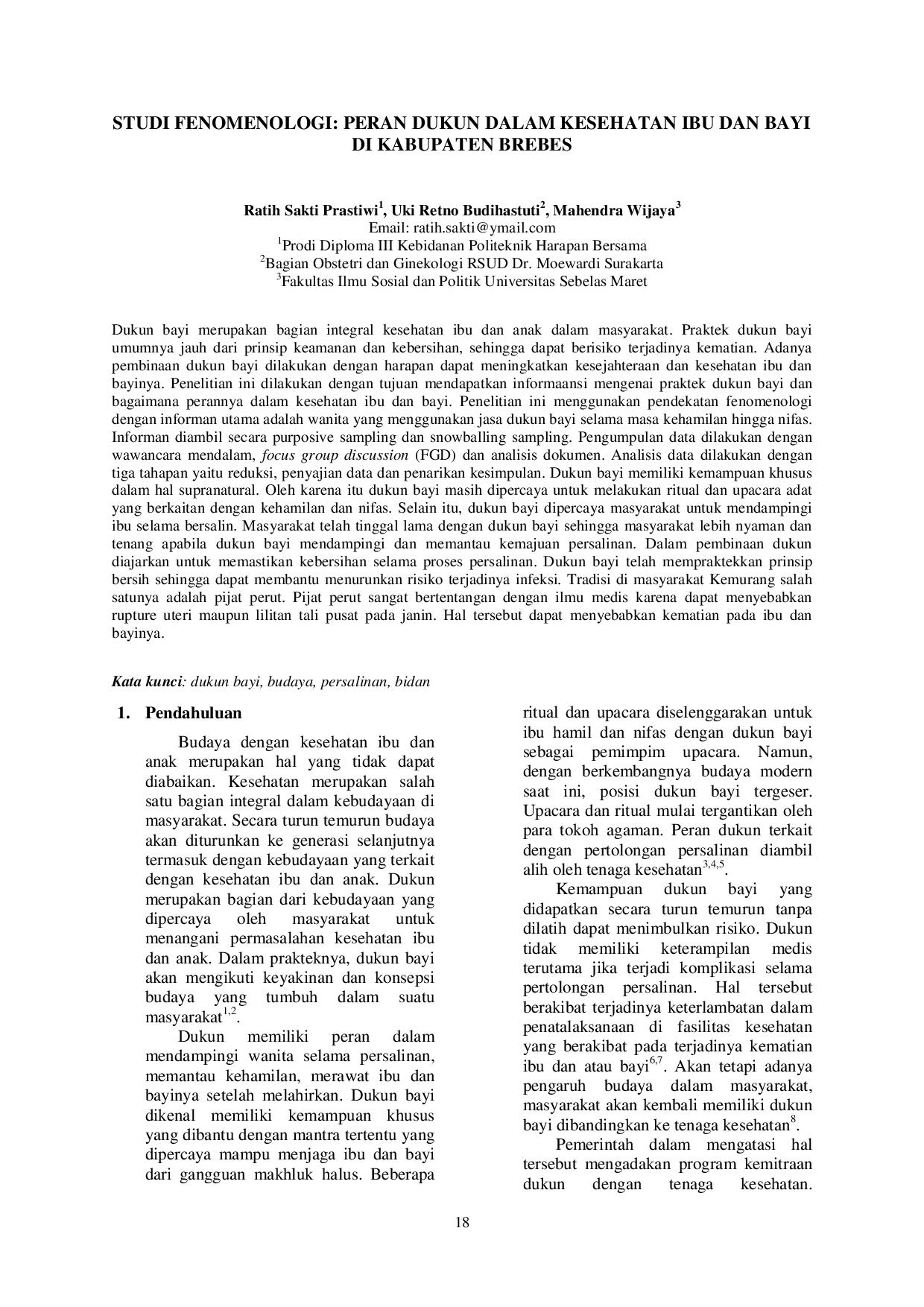 JURIS Studi Fenomenologi Peran Dukun dalam Kesehatan Ibu dan Bayi di Kabupaten Brebes