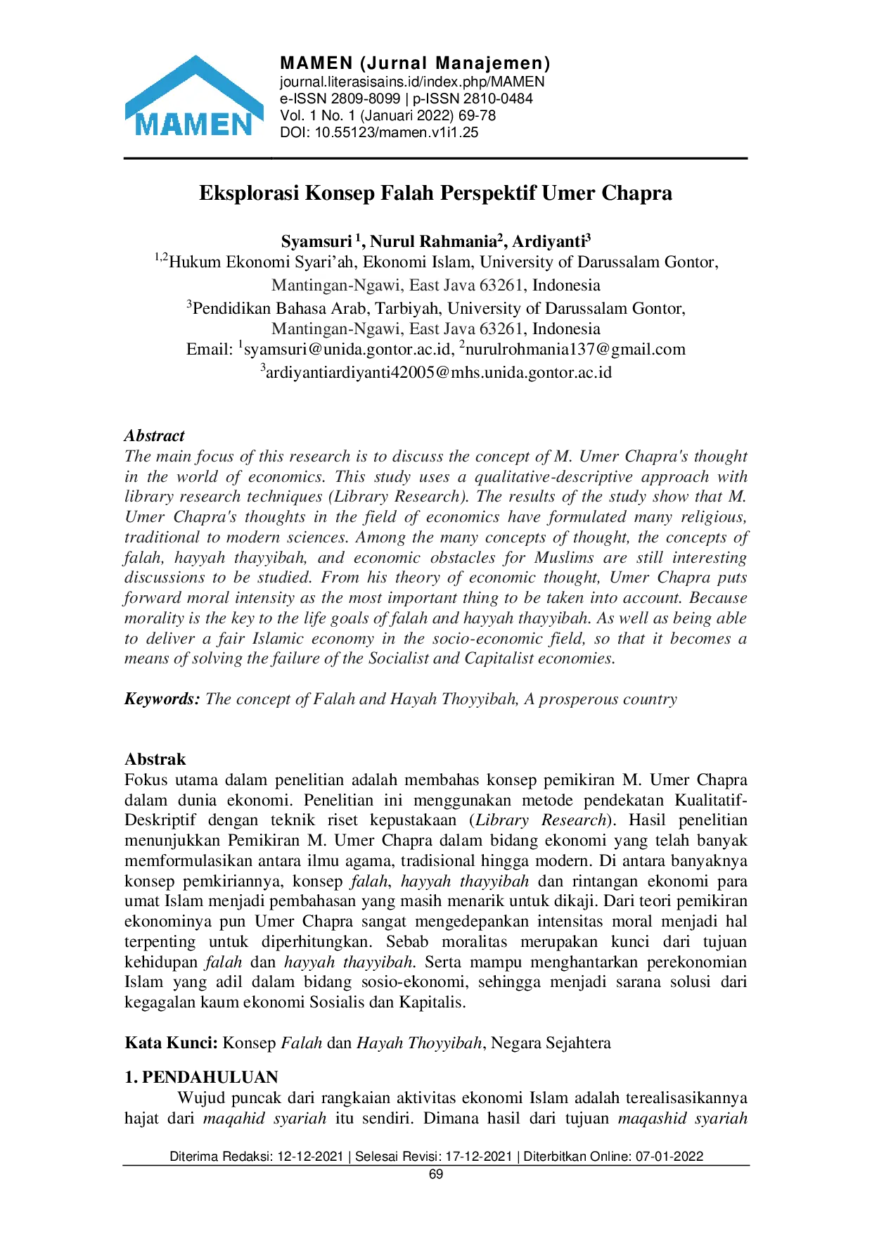 JURIS Eksplorasi Konsep Falah Perspektif Umer Chapra