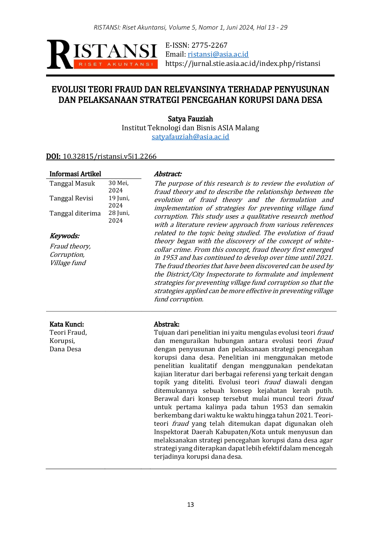 JURIS Evolusi Teori Fraud dan Relevansinya Terhadap Penyusunan dan Pelaksanaan Strategi Pencegahan Korupsi Dana Desa