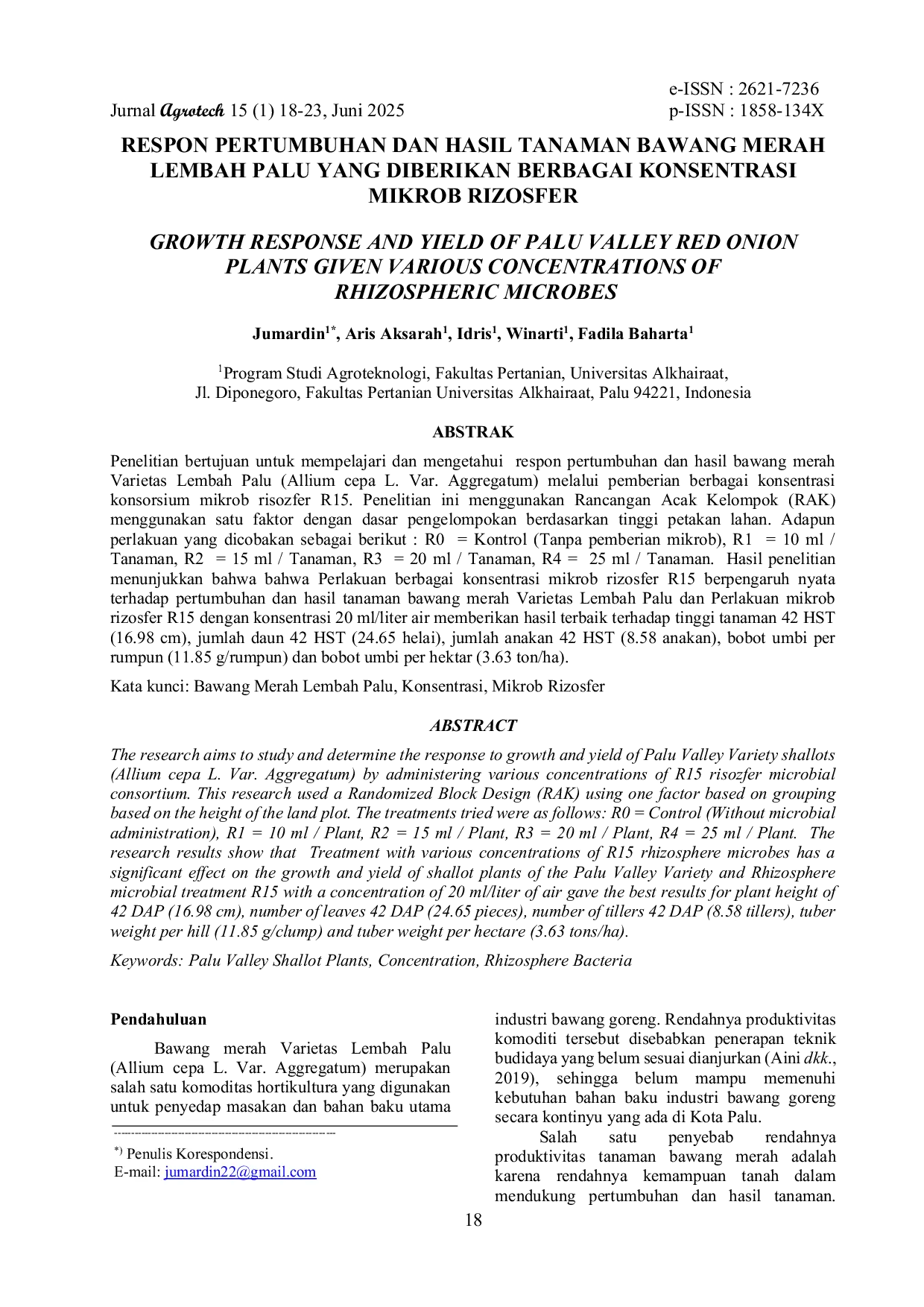 JURIS Respon Pertumbuhan Dan Hasil Tanaman Bawang Merah Lembah Palu Yang Diberikan Berbagai Konsentrasi Mikrob Rizosfer