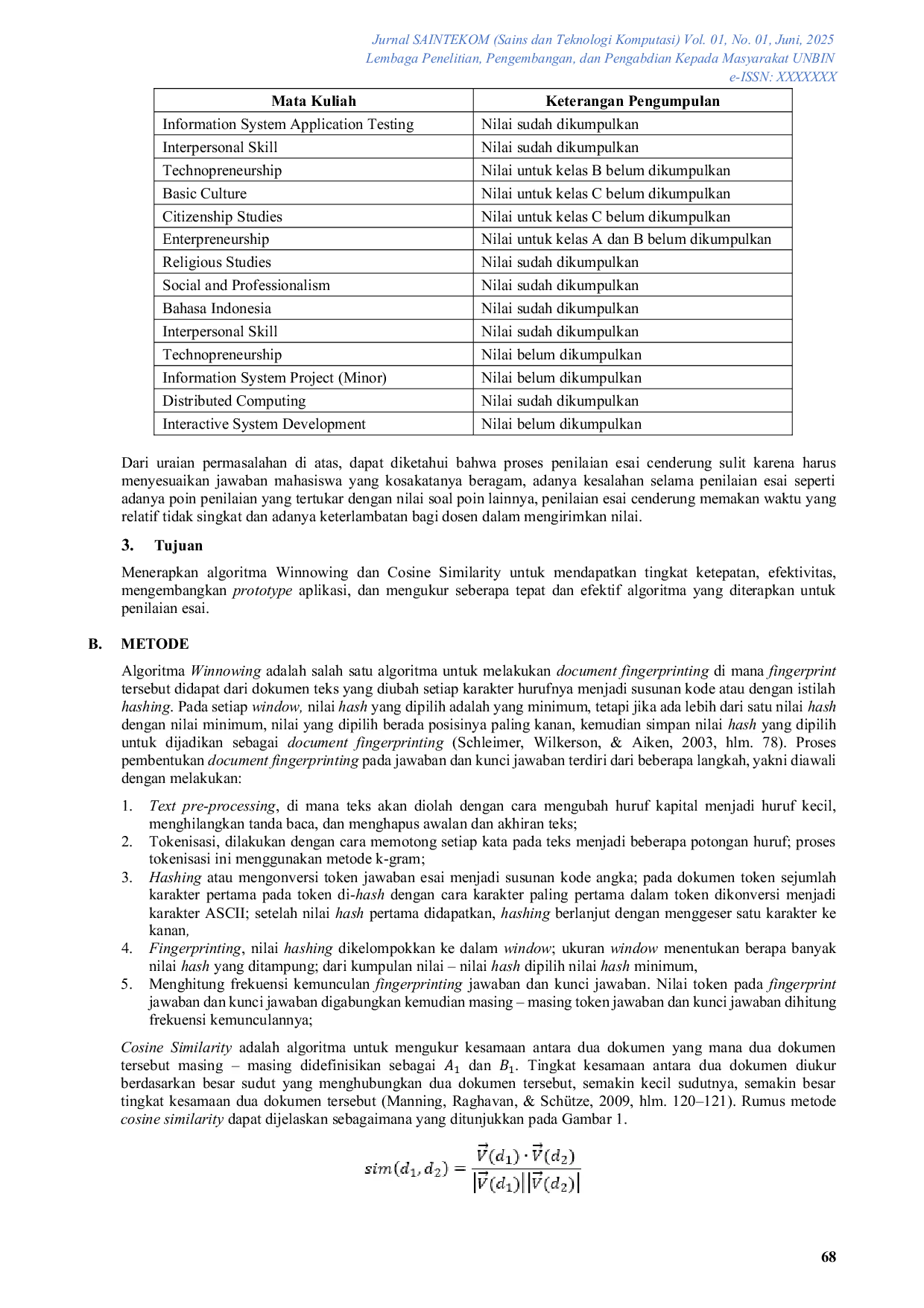 JURIS Penerapan Algoritma Winnowing dan Cosine Similarityuntuk Penilaian Jawaban Esai