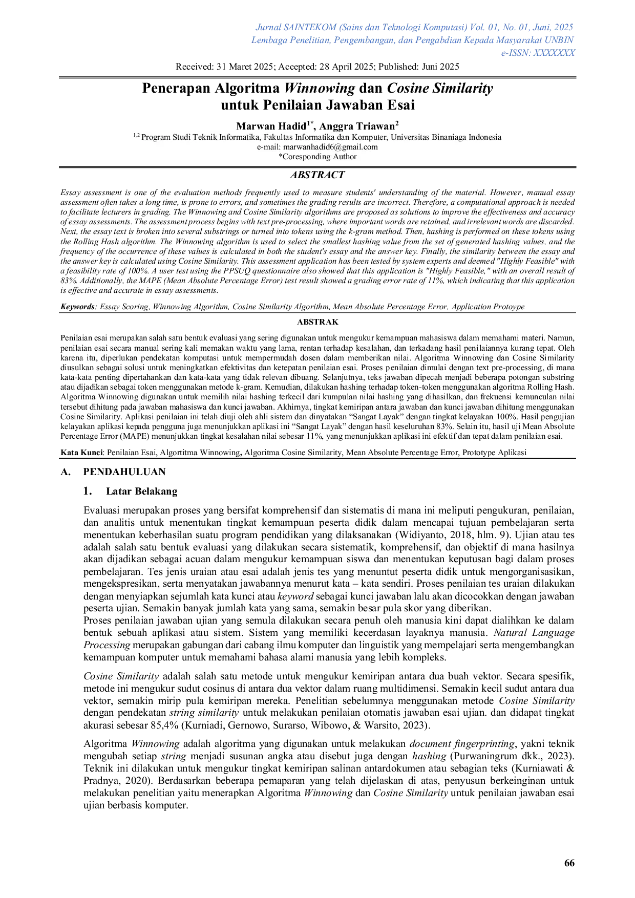 JURIS Penerapan Algoritma Winnowing dan Cosine Similarityuntuk Penilaian Jawaban Esai