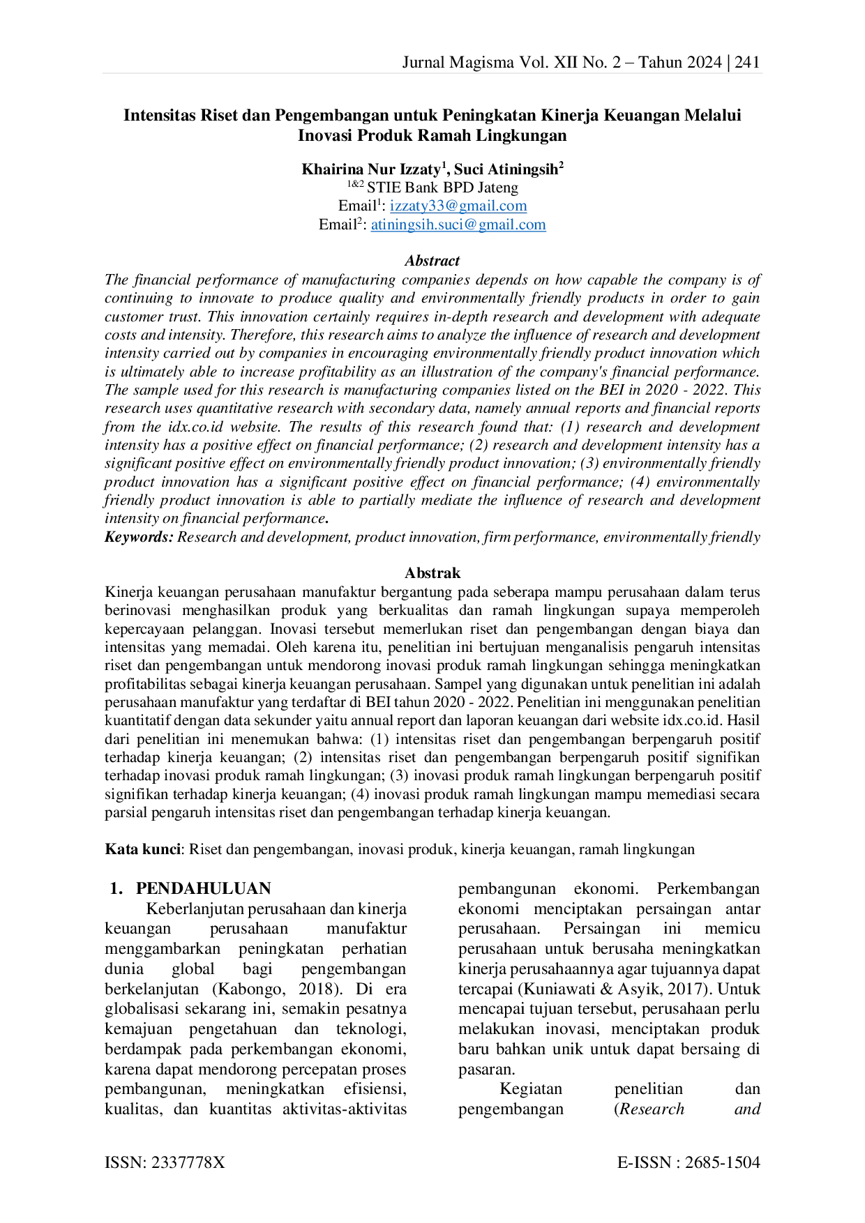 juris Intensitas Riset dan Pengembangan untuk Peningkatan Kinerja Keuangan Melalui Inovasi Produk Ramah Lingkungan