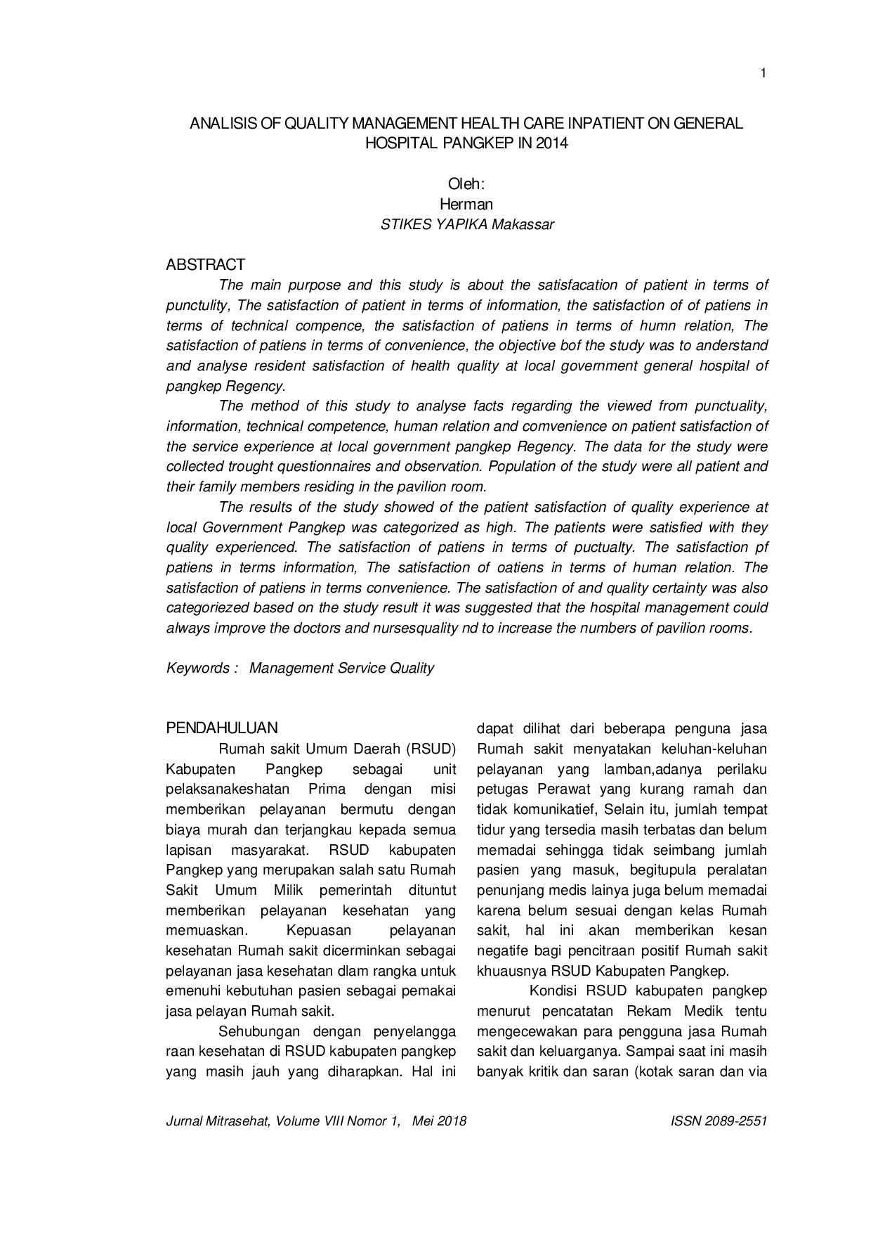 JURIS Analisis Of Quality Management Health Care Inpatient On General Hospital Pangkep In 2014