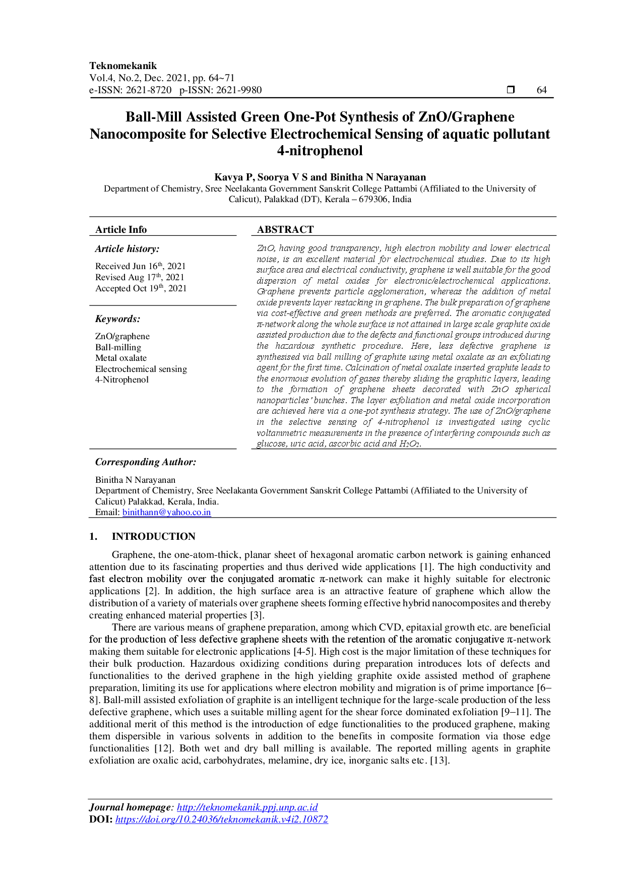 juris Ball Mill Assisted Green One Pot Synthesis of ZnO Graphene Nanocomposite for Selective Electrochemical Sensing of aquatic pollutant 4 nitrophenol