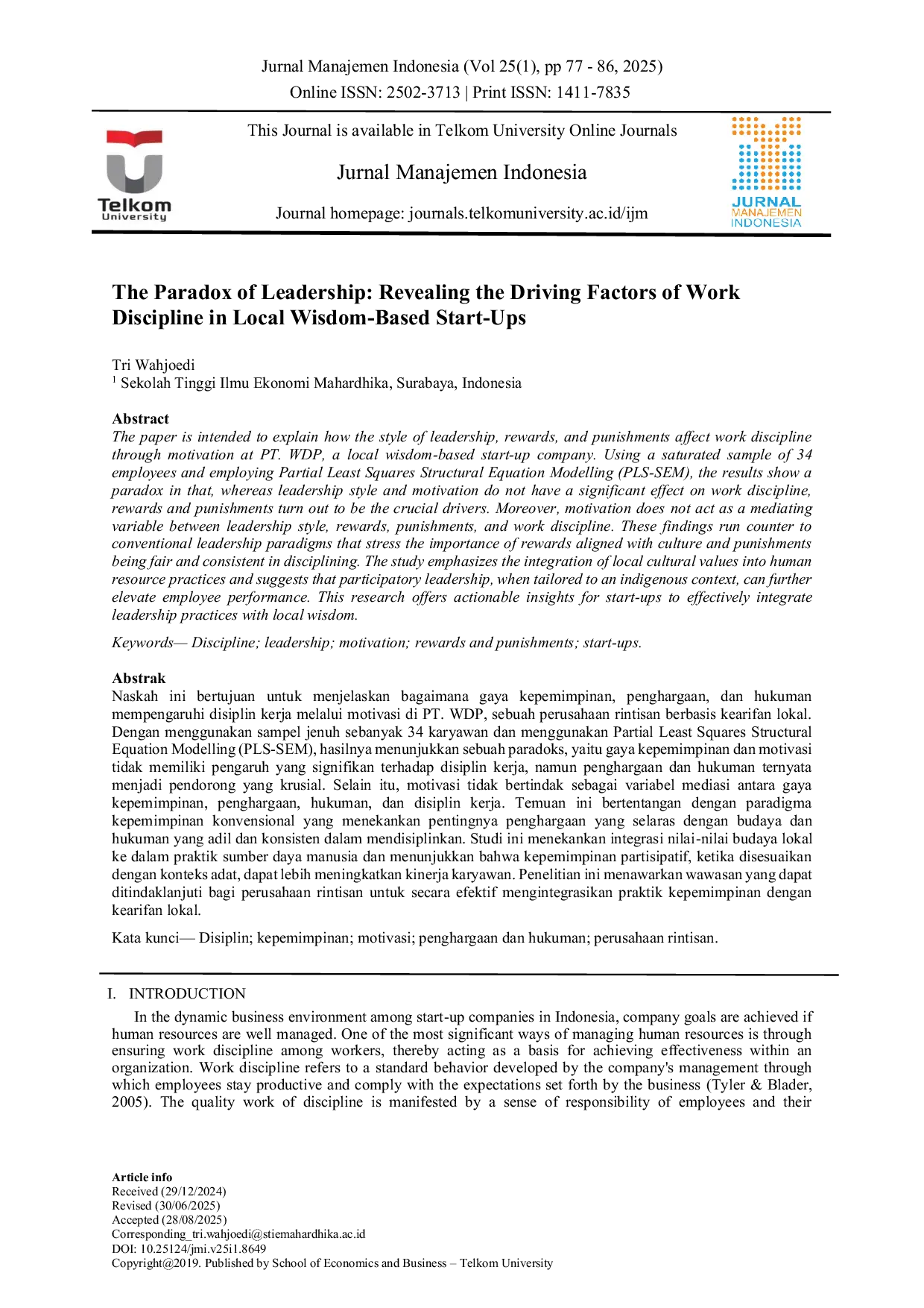 JURIS Paradoks Kepemimpinan Mengungkap Faktor Pendorong Disiplin Kerja pada Start Up Berbasis Kearifan Lokal