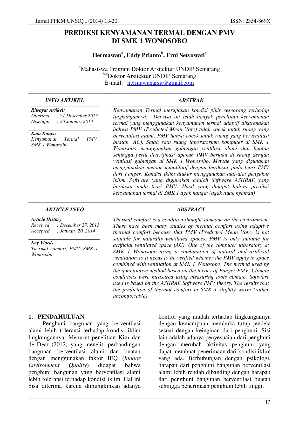 juris Prediksi Kenyamanan Termal dengan PMV di SMK 1 Wonosobo
