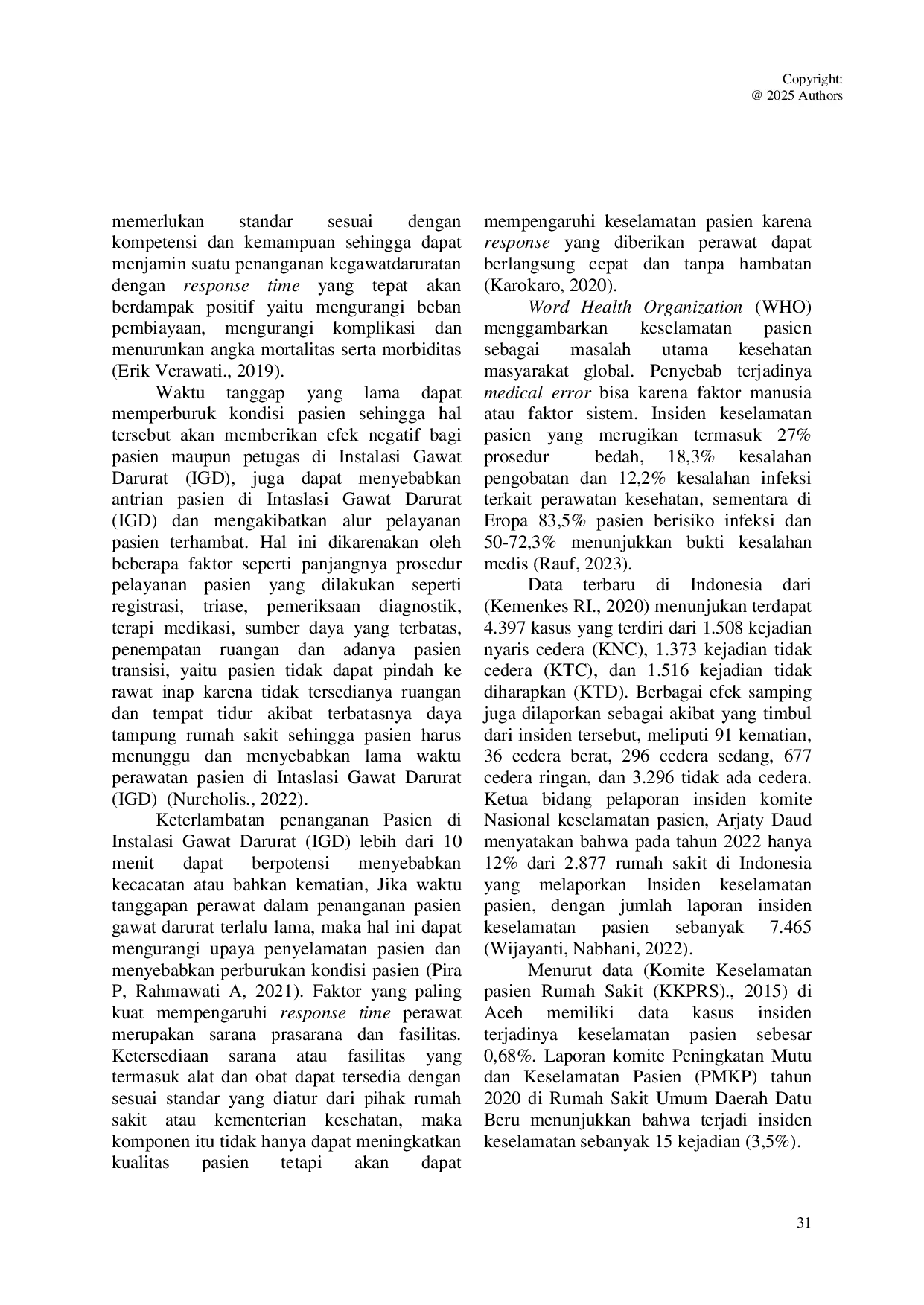 JURIS Hubungan Response Time Perawat Dengan Keselamatan Pasien Di Ruang Instalasi Gawat Darurat Igd