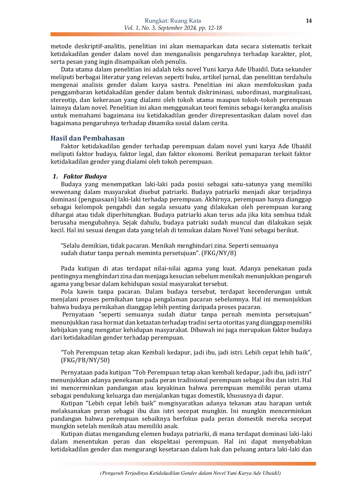 JURIS Pengaruh Terjadinya Ketidakadilan Gender dalam Novel Yuni Karya Ade Ubaidil