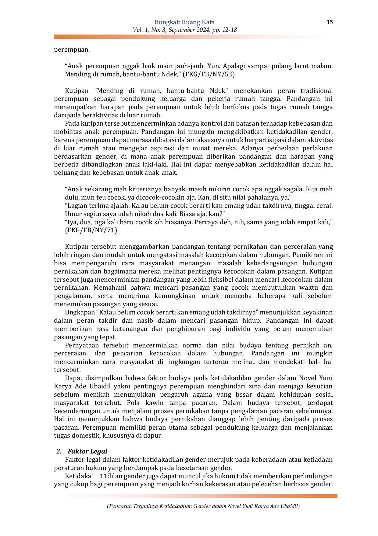 JURIS Pengaruh Terjadinya Ketidakadilan Gender dalam Novel Yuni Karya Ade Ubaidil