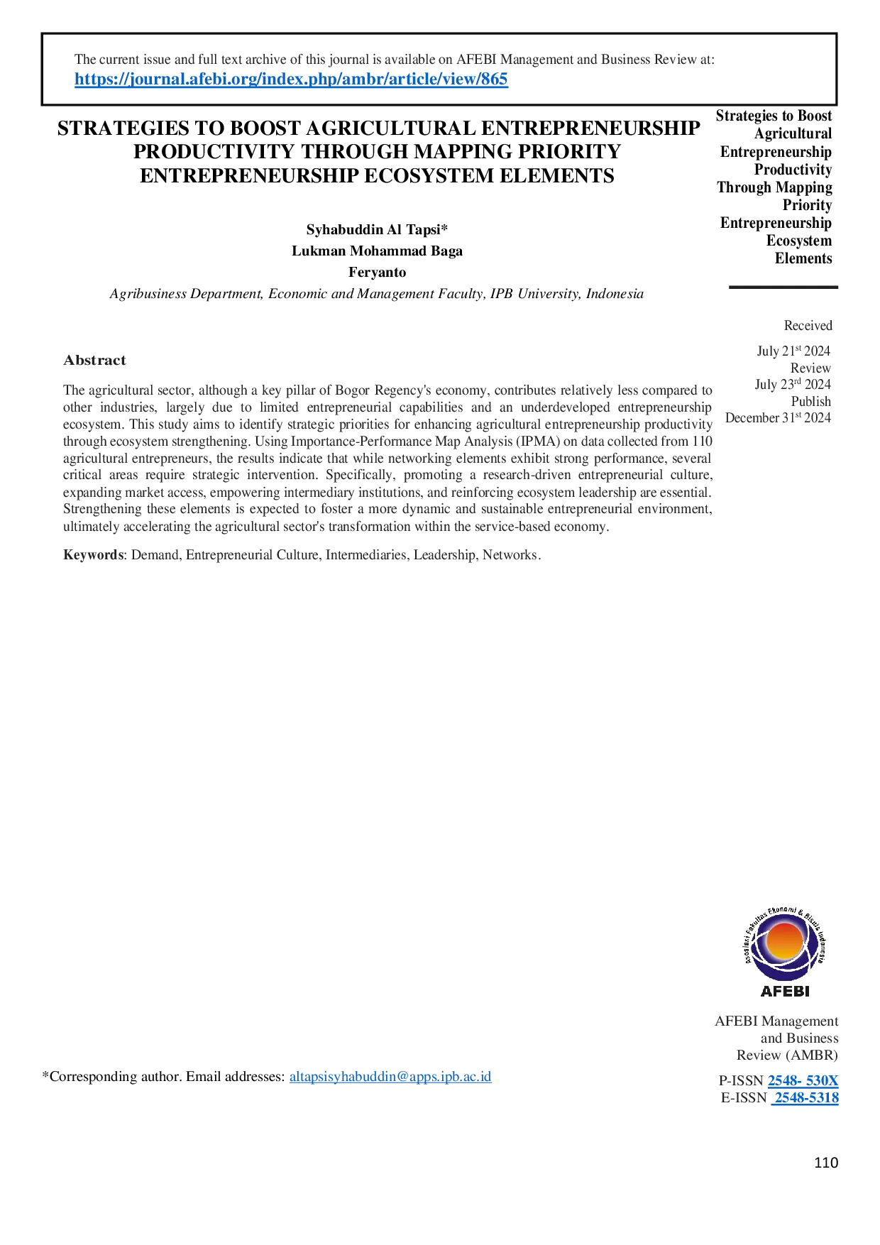 JURIS Strategies to Boost Agricultural Entrepreneurship Productivity Through Mapping Priority Entrepreneurship Ecosystem Elements