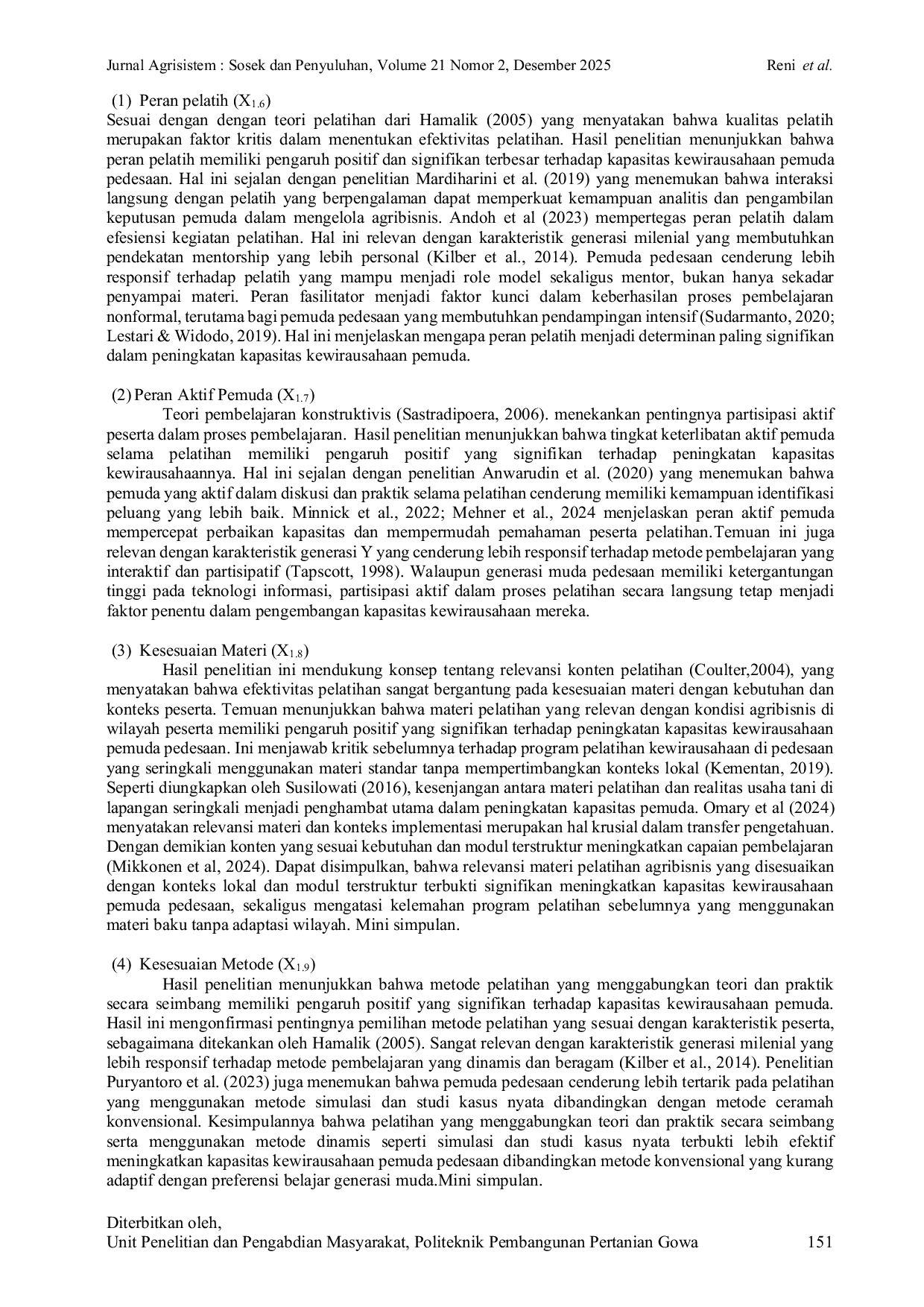 JURIS DETERMINAN KINERJA PELATIHAN DALAM PENINGKATAN KAPASITAS KEWIRAUSAHAAN PEMUDA PEDESAAN STUDI KASUS JAWA BARAT Determinants of Training Performance for Strengthening Rural Youth Entrepreneurial Capa