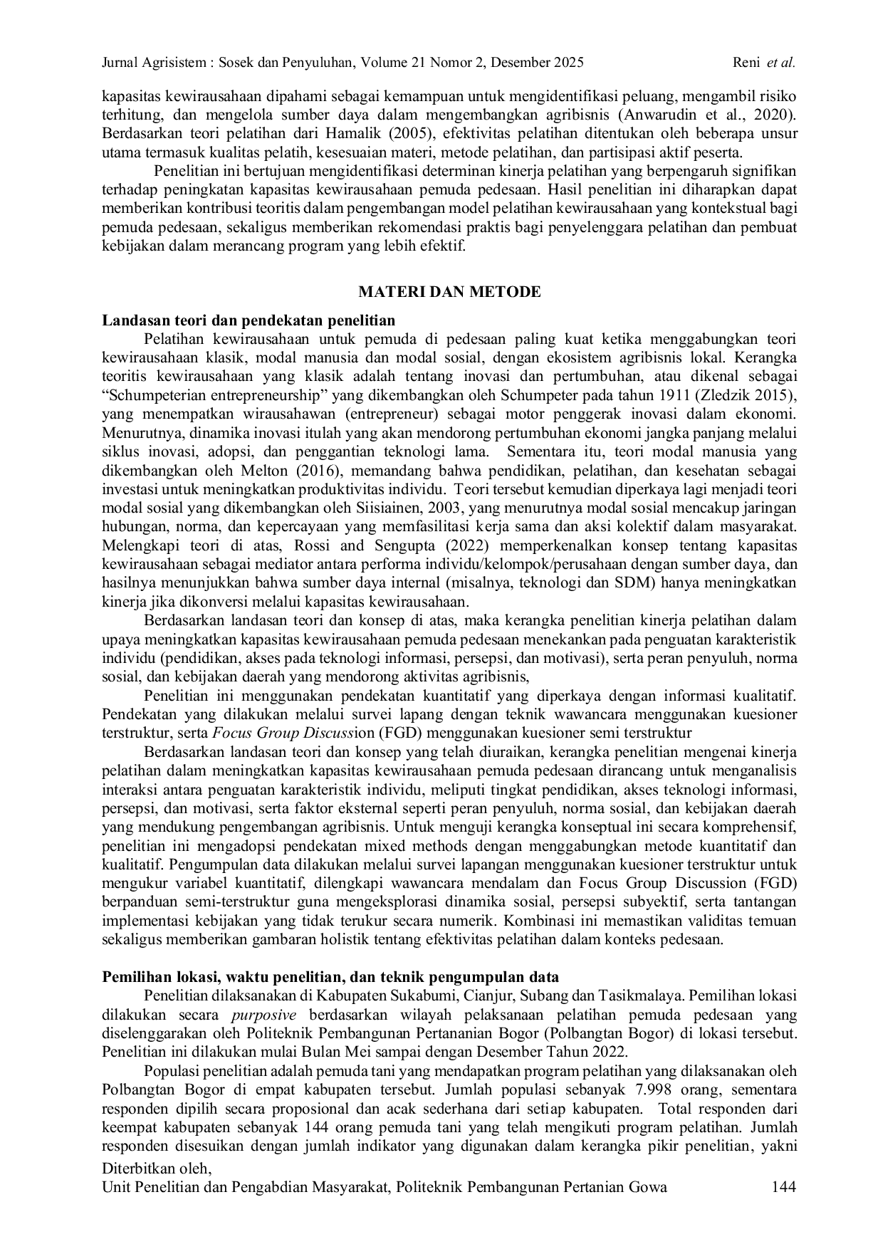 JURIS DETERMINAN KINERJA PELATIHAN DALAM PENINGKATAN KAPASITAS KEWIRAUSAHAAN PEMUDA PEDESAAN STUDI KASUS JAWA BARAT Determinants of Training Performance for Strengthening Rural Youth Entrepreneurial Capa